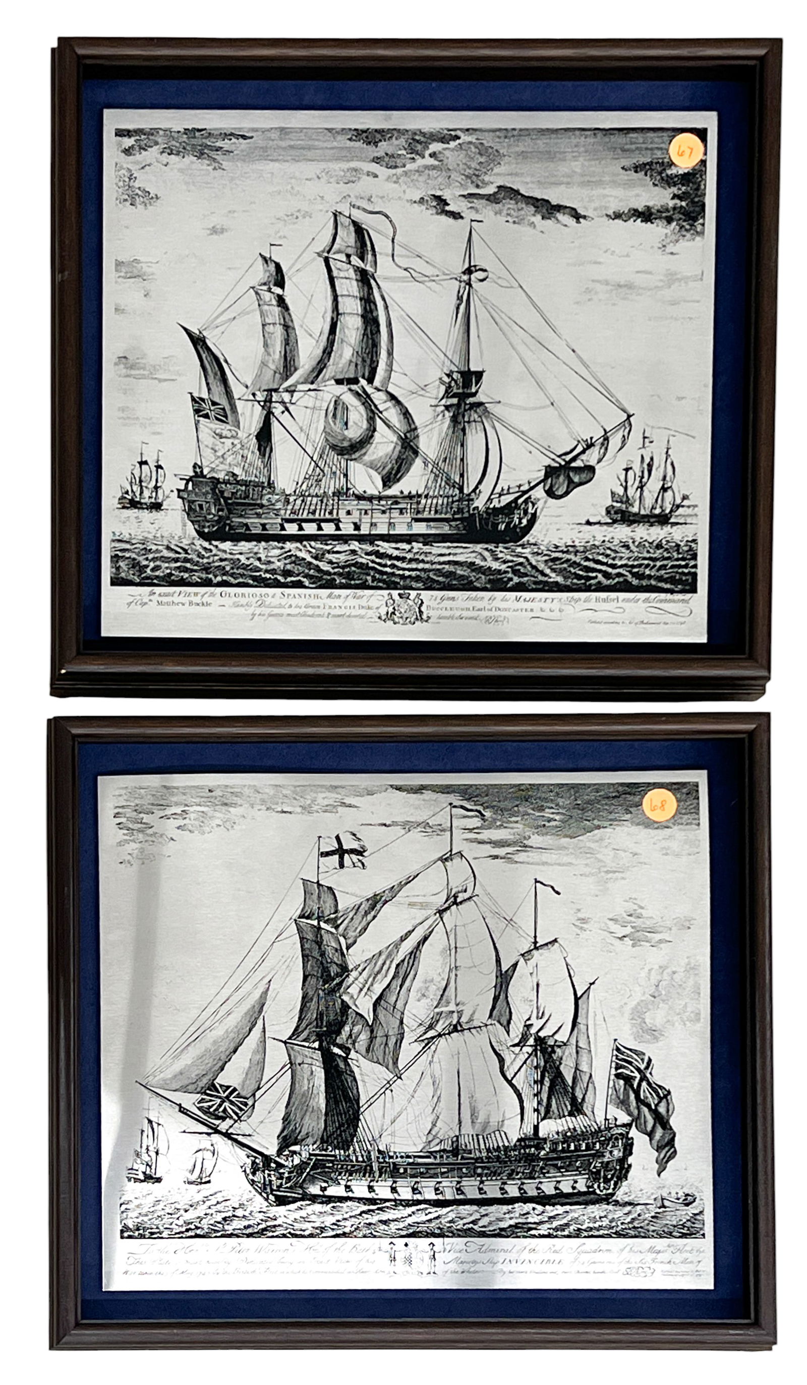 2pc "Glorioso" & "The Admiral of the Red Squadron" Engraving Plates: 2pc "Glorioso" & "The Admiral of the Red Squadron" Engraving Plates 12"x14" Image 14"x16" Framed Each. Excellent condition, not examined outside of framing