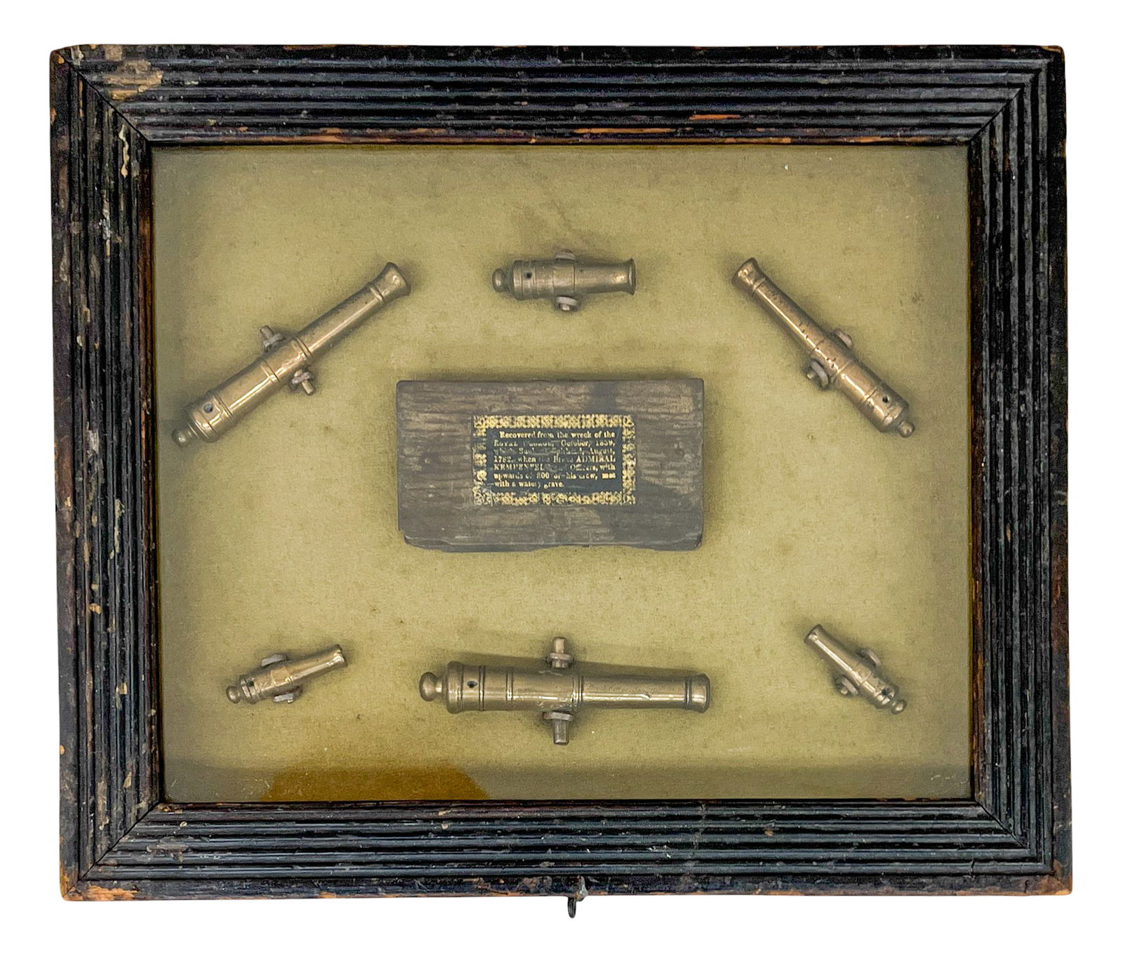 Antique "Relics of the Royal George" Framed Wood & Miniature Cannons: Antique "Relics of the Royal George" Framed Wood & Miniature Cannons from the Wreck of the Royal George 11"x13". Excellent condition, not examined outside of framing.