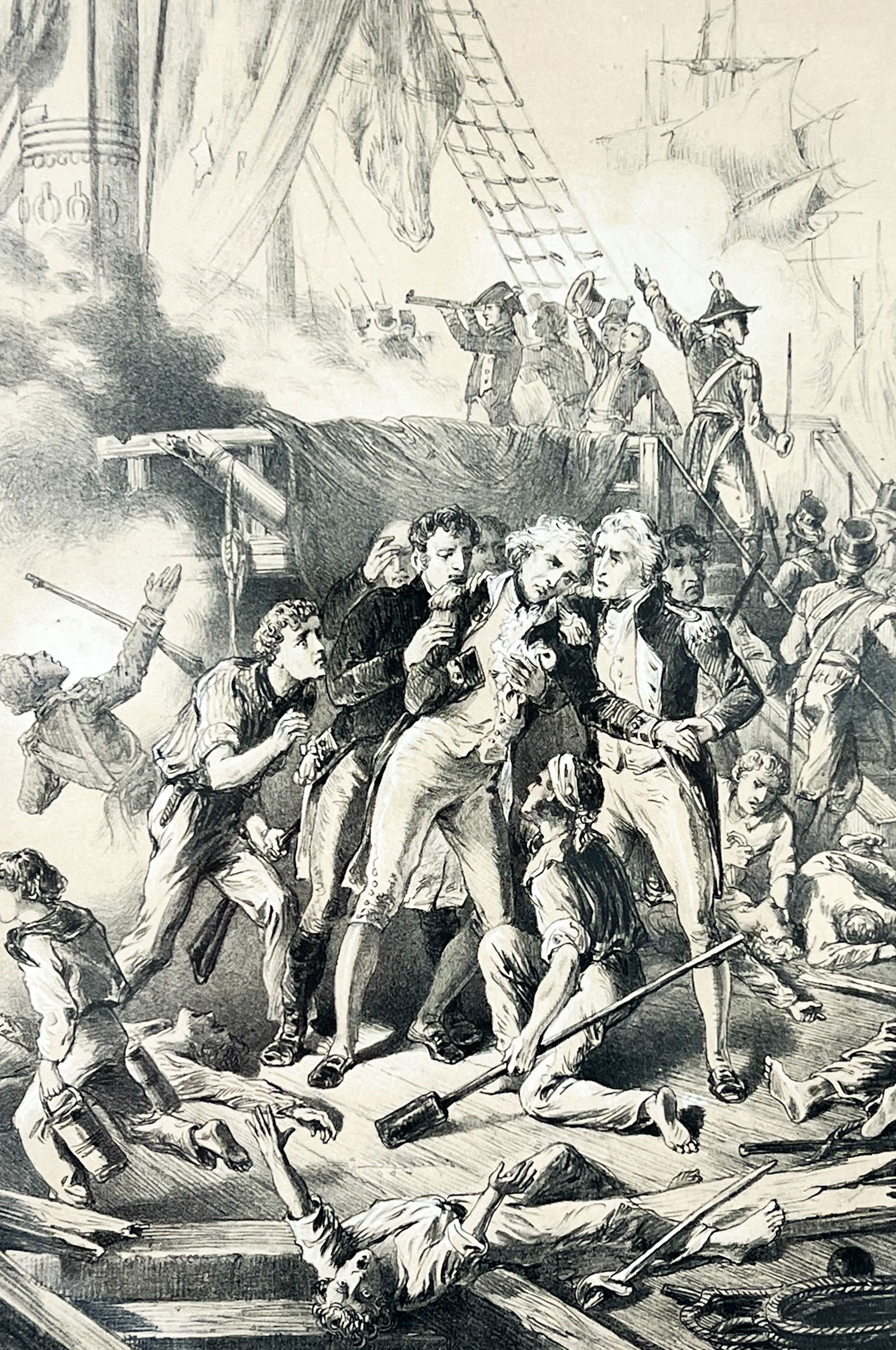 "Admiral Nelson Wounded at Trafalgar" Lithograph: "Admiral Nelson Wounded at Trafalgar" Lithograph 9"x6" Image 14.5"x17" Framed. Excellent condition, not examined outside of framing.