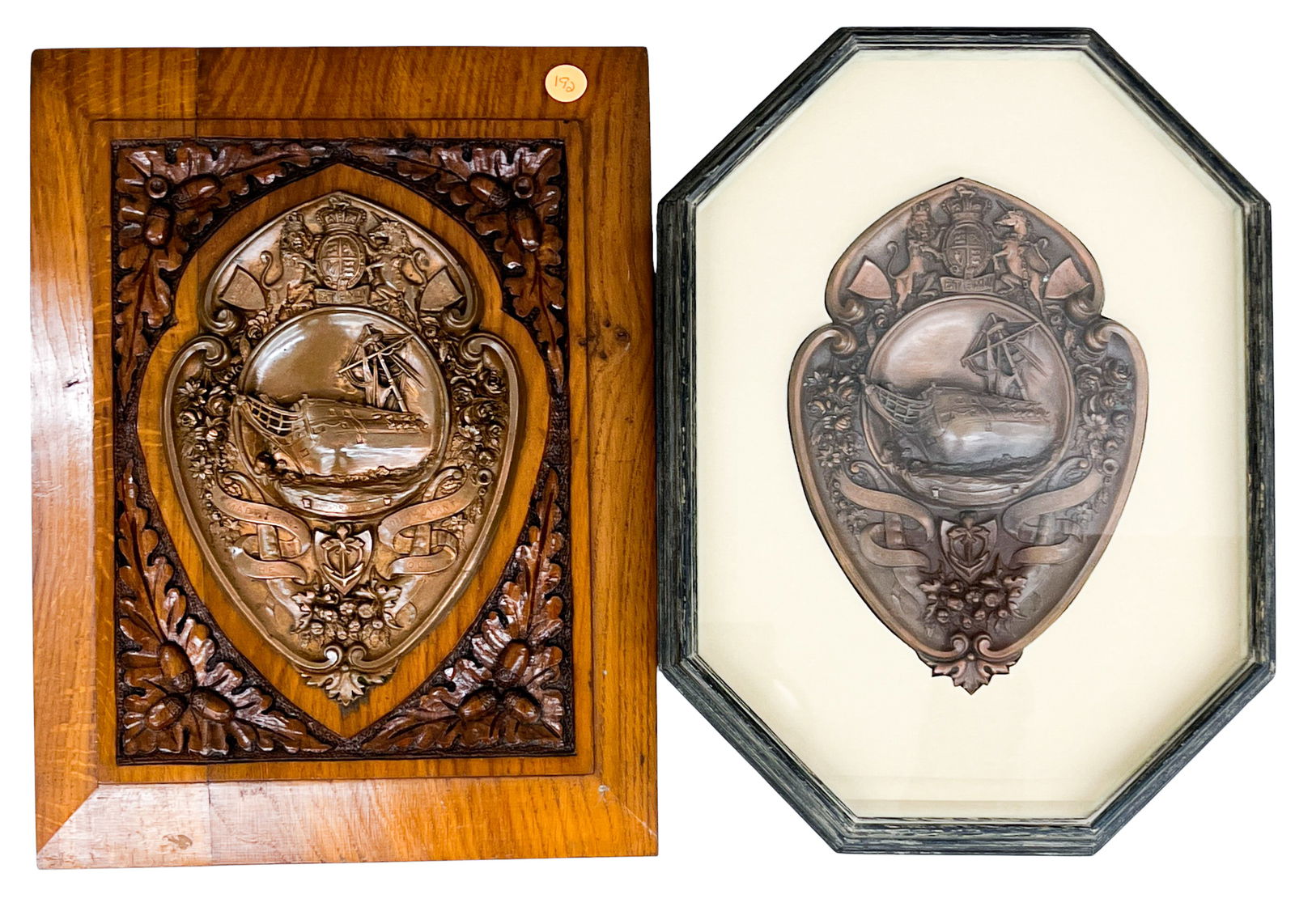 2pc 1897 HMS Foudroyant Copper Shields: 2pc 1897 HMS Foudroyant Copper Shields 15"x11" Largest Framed. Excellent condition, not examined outside of framing.