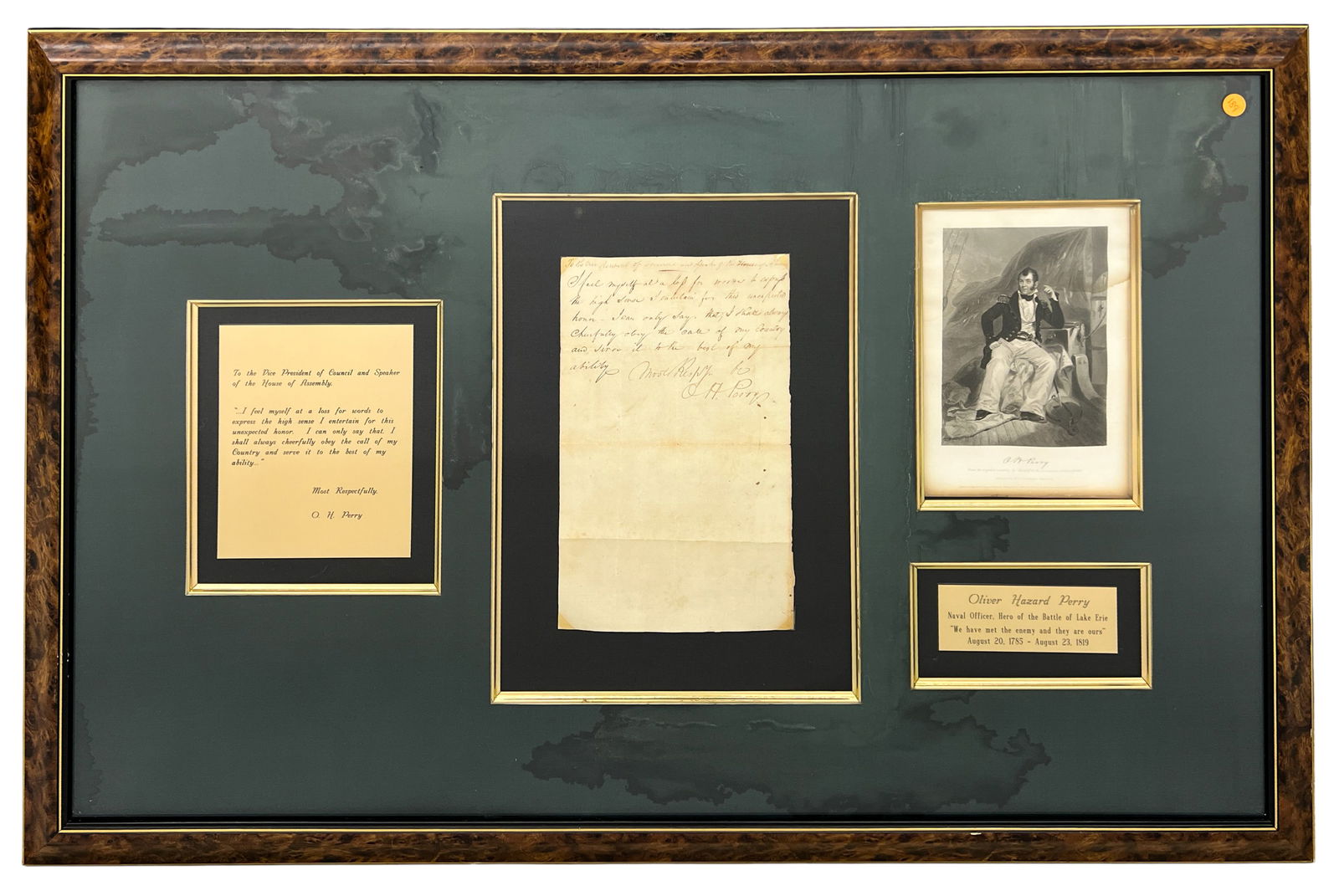 Antique Oliver Hazard Perry Signed Letter & Etching: Antique Oliver Hazard Perry Signed Letter & Etching 29"x43" Framed. Heavy water damage to matting and etching, letter in excellent condition.