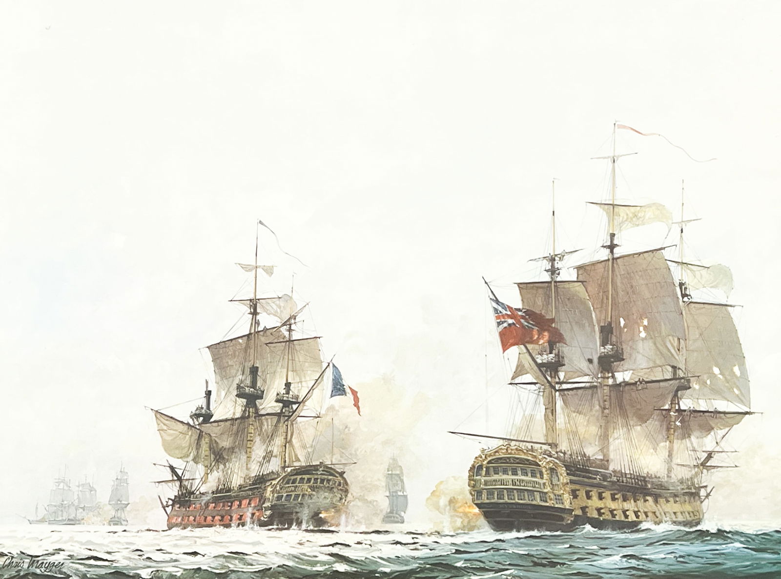 Chris Mayger "Naval Battle Scene" 1974 Lithograph: Chris Mayger (1919-1994 British) "Naval Battle Scene" 1974 Lithograph 15"x21" Image 24"x30" Framed. Plate signed lower left. Excellent condition, not examined outside of framing.