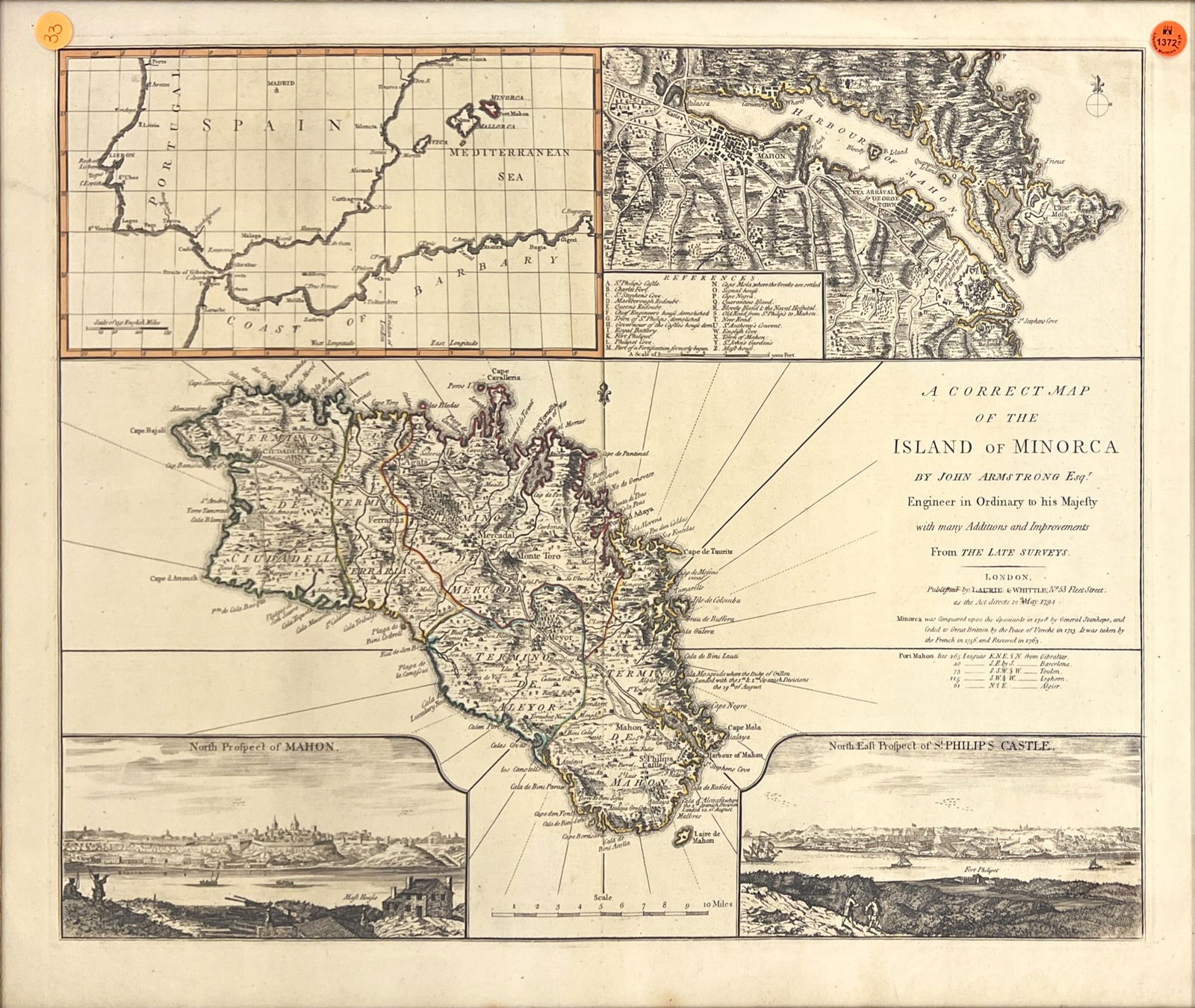 "The Island of Manorca" Map Reproduction: "The Island of Manorca" Map Reproduction 24"x28" Framed. Excellent condition, not examined outside of framing.