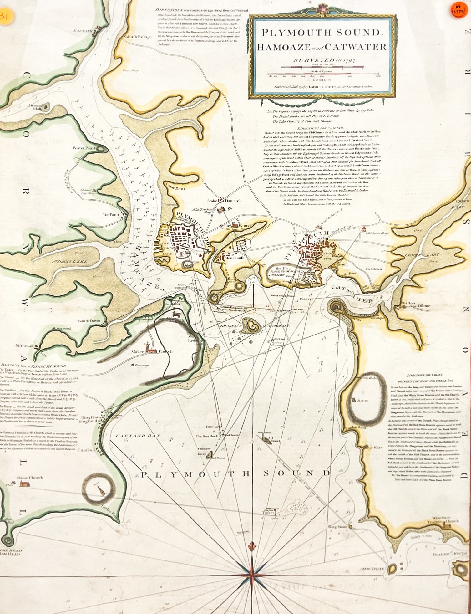Antique "Plymouth Sound, Hamoaze & Catwater" 1798 Hand Colored Map: Antique "Plymouth Sound, Hamoaze & Catwater" 1798 Hand Colored Map 32"x24" Framed. Excellent condition, not examined outside of framing.
