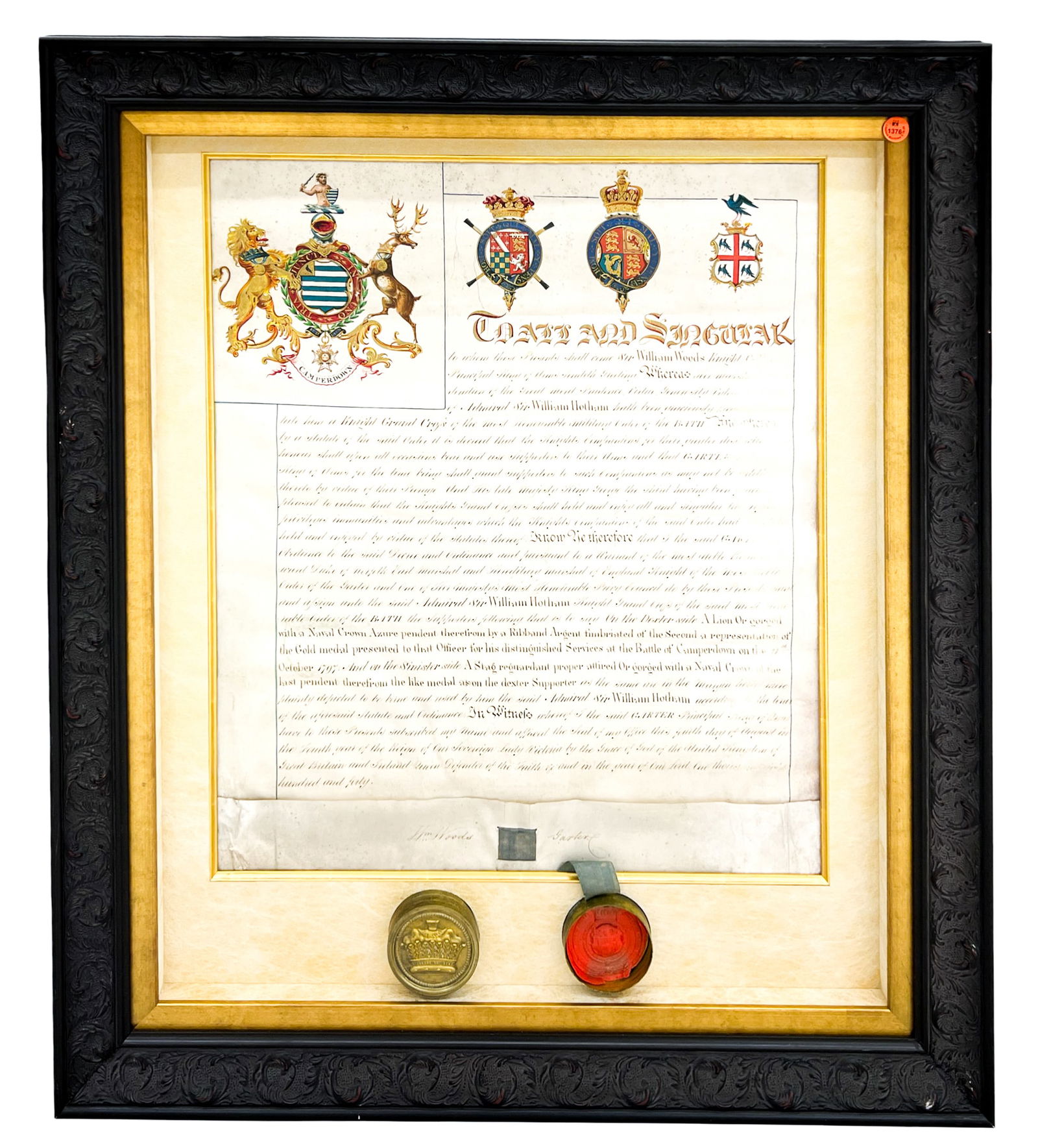 Antique Grant of Arms Document & Seal: Antique Grant of Arms Document & Seal 33"x28.5" Framed. Minor foxing.