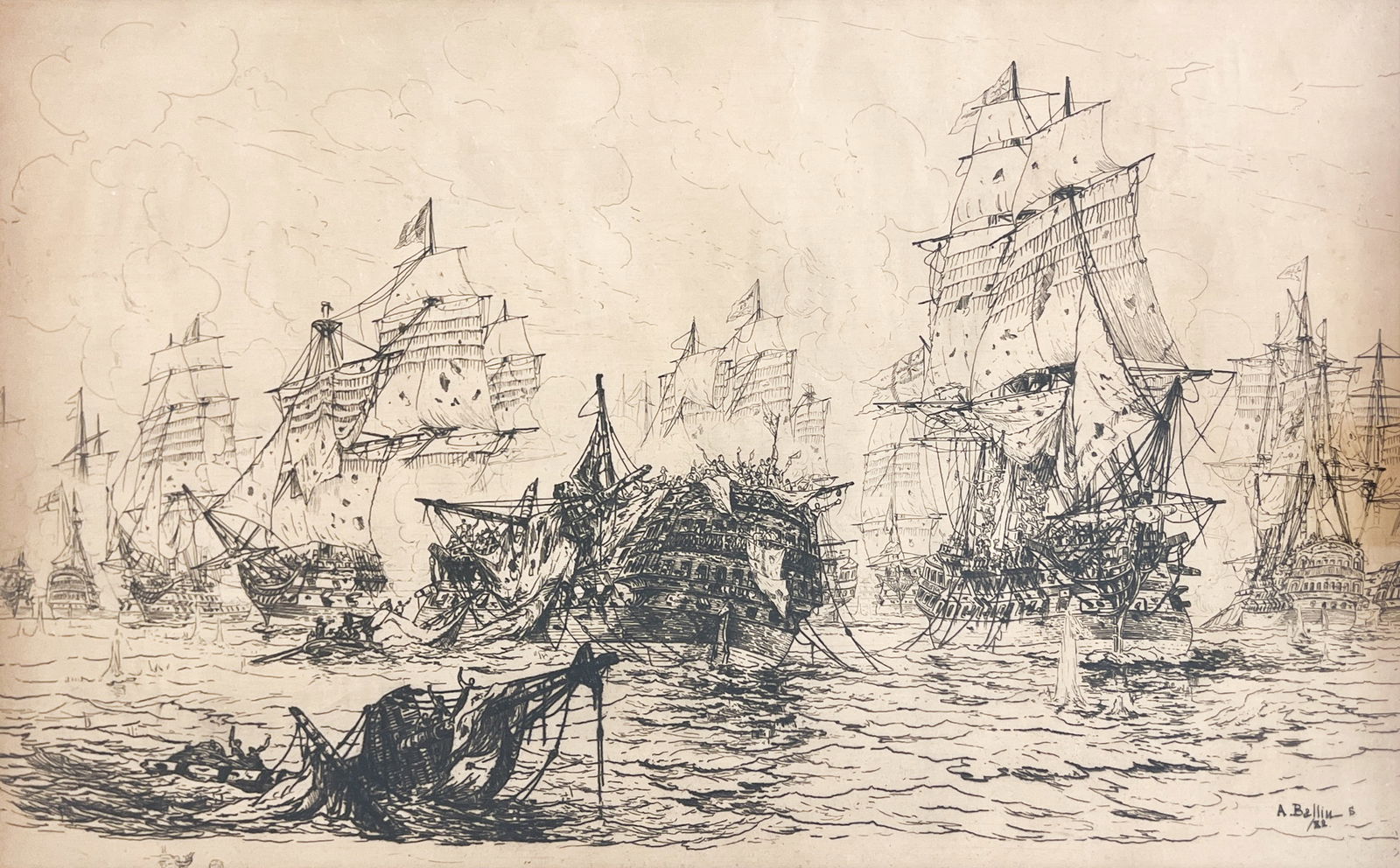 Auguste Ballin "Battle of Trafalgar" 1882 Etching (1 of 2)