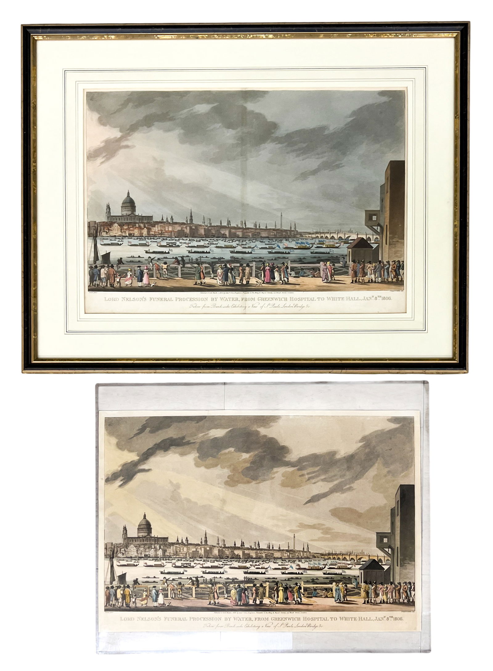 2pc "Lord Nelson's Funeral Procession..." 1806 Hand Colored Etchings: 2pc "Lord Nelson's Funeral Procession by Water, From Greenwich Hospital to White-Hall, January 8th 1806" 1806 Hand Colored Etchings 20.5"x26" Largest Framed. One loose and one framed. Excellent condit