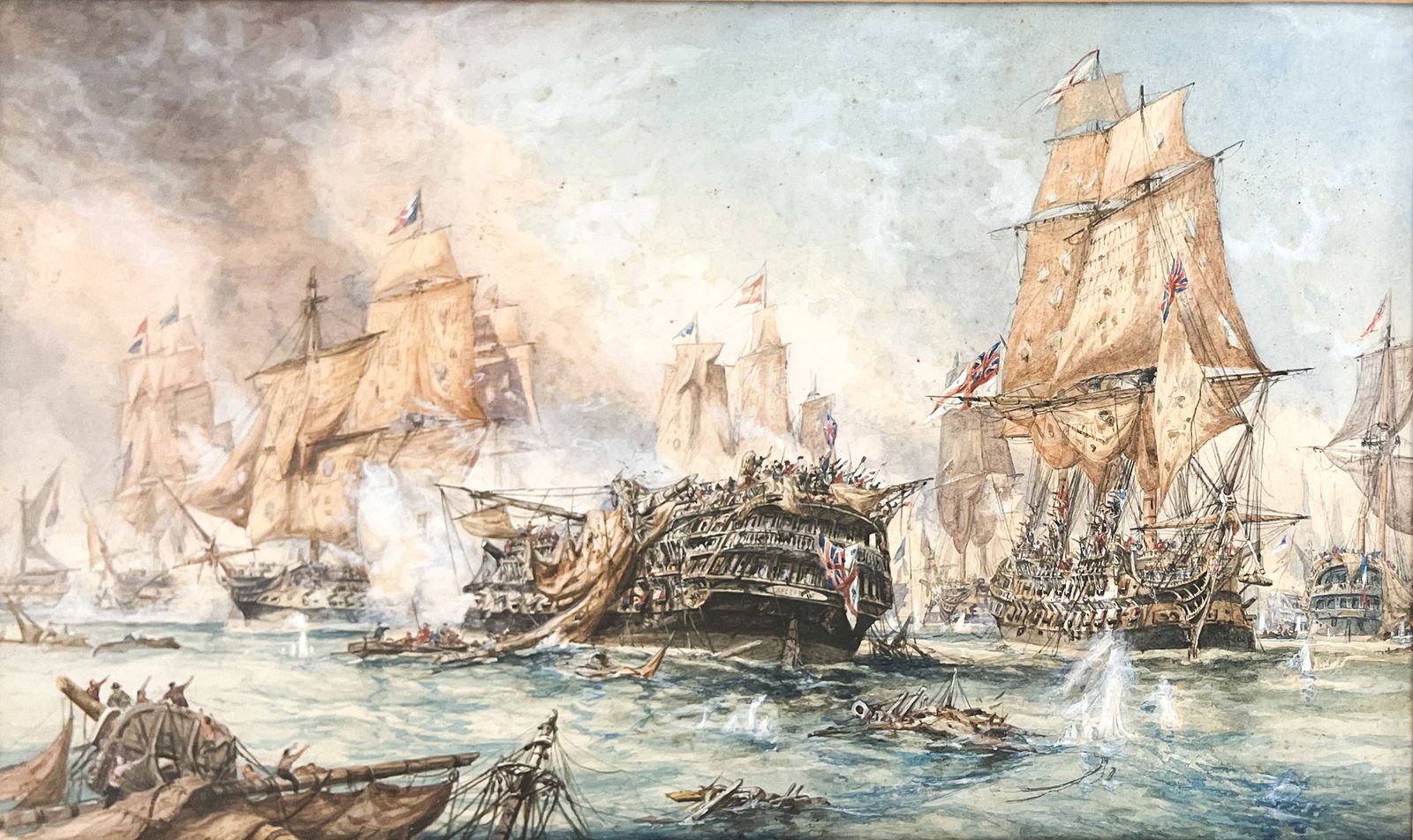 Artist Unknown "Battle of Trafalgar" Antique Watercolor on Paper: Artist Unknown "Battle of Trafalgar" Antique Watercolor on Paper 10"x18" Image 19.5"x27" Framed. Unsigned. Minor foxing throughout, overall excellent condition, not examined outside of framing