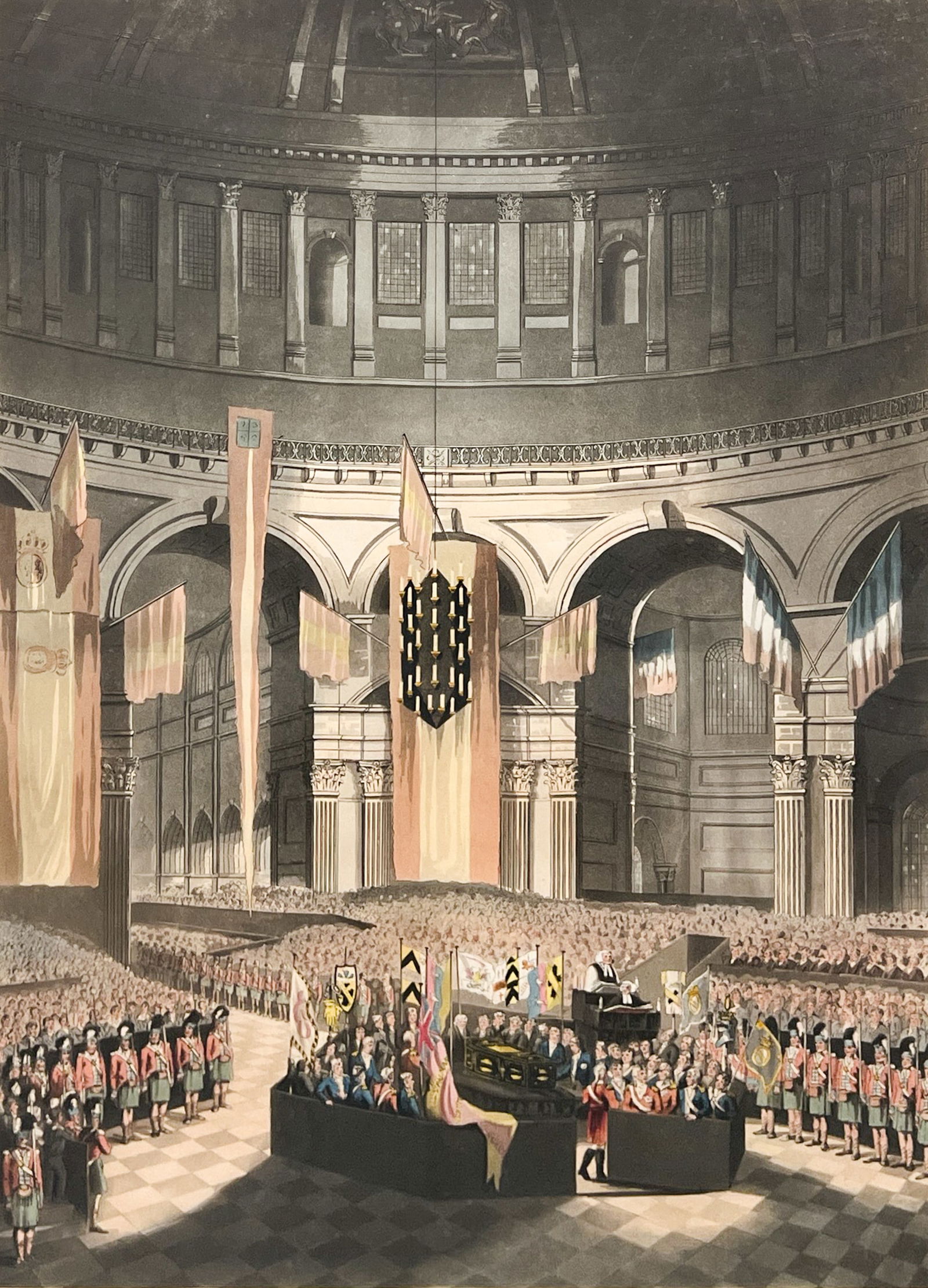 Antique "The Ceremony of Lord Nelson's Internment..." 1806 Hand Colored Etching: Antique "The Ceremony of Lord Nelson's Internment in St. Paul's Cathedral January 9 1806" 1806 Hand Colored Etching 19"x12" Image 25"x19" Framed. Excellent condition, not examined outside of framing.