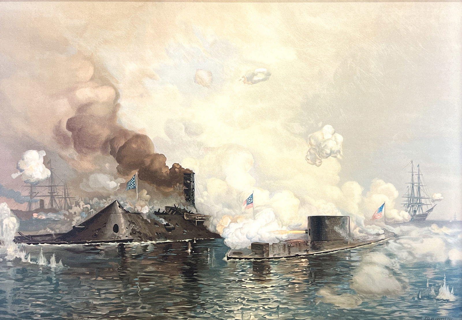 Julian Oliver Davidson "American Naval Battle" Lithograph: Julian Oliver Davidson (1853-1894 American) "American Naval Battle" Lithograph 11.5"x16" Image 19"x24" Framed. Plate signed lower right. Excellent condition, not examined outside of framing.