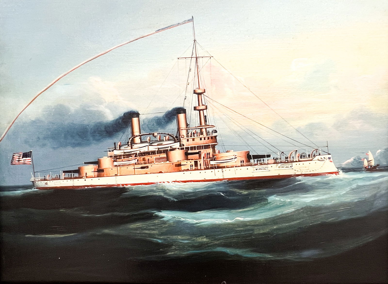Artist Unknown "USS Oregon" Oil on Canvas: Artist Unknown "USS Oregon" Oil on Canvas 15"x21" Image 19"x25.5" Framed. Unsigned. Excellent condition, not examined outside of framing.
