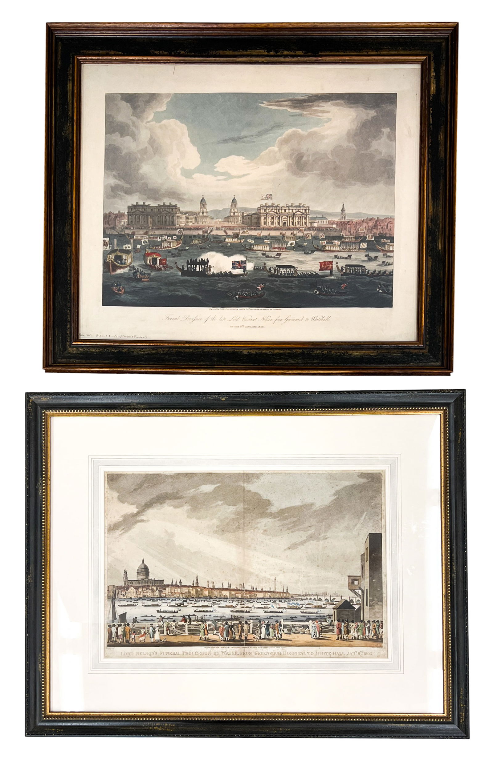 2pc Antique Lord Admiral Nelson Funeral Procession Hand Colored Etchings (1 of 1)