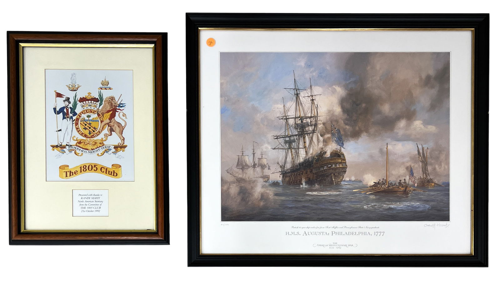 2pc HMS Augusta & 1805 Club Lithographs: 2pc HMS Augusta & 1805 Club Lithographs 21.5"x25.5" Largest Framed. HMS Augusta litho signed and numbered.