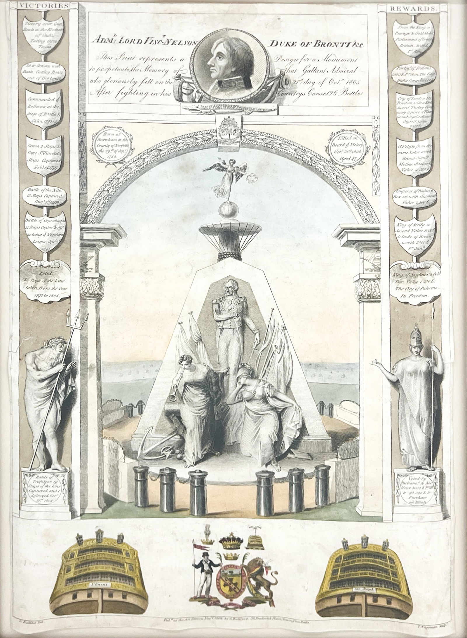 Antique "Admiral Nelson Memorial" 1808 Hand Colored Etching: Antique "Admiral Nelson Memorial" 1808 Hand Colored Etching 19"x13" Image 24.5"x19" Framed. Excellent condition, not examined outside of framing.