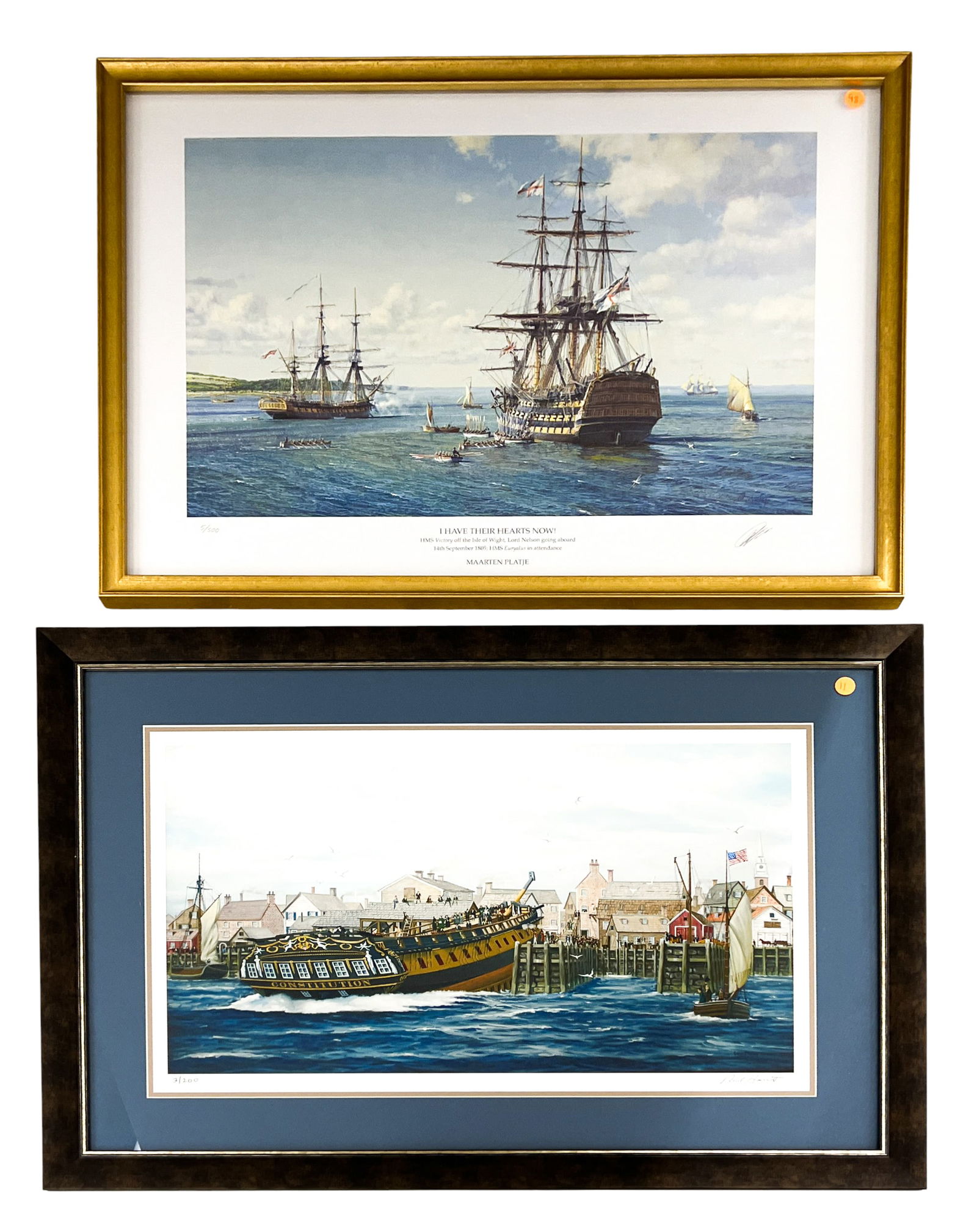 2pc HMS Victory & USS Constitution Lithographs: 2pc HMS Victory & USS Constitution Lithographs 24"x34" Largest Framed. Excellent condition, not examined outside of framing.