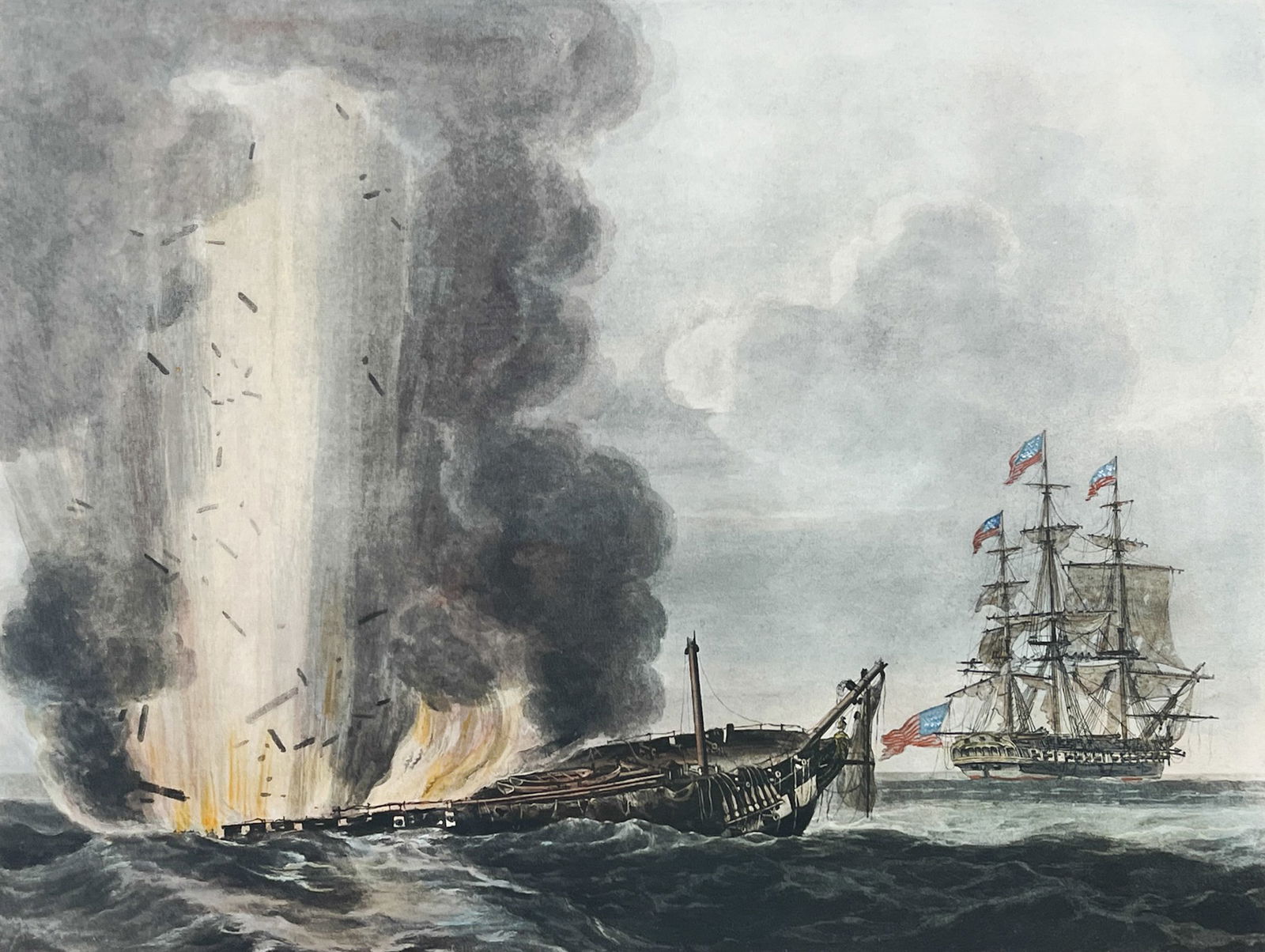 Antique "The Java in a Sinking State, Set Fire to and Blowing Up" 1814 Aquatint Etching (1 of 2)