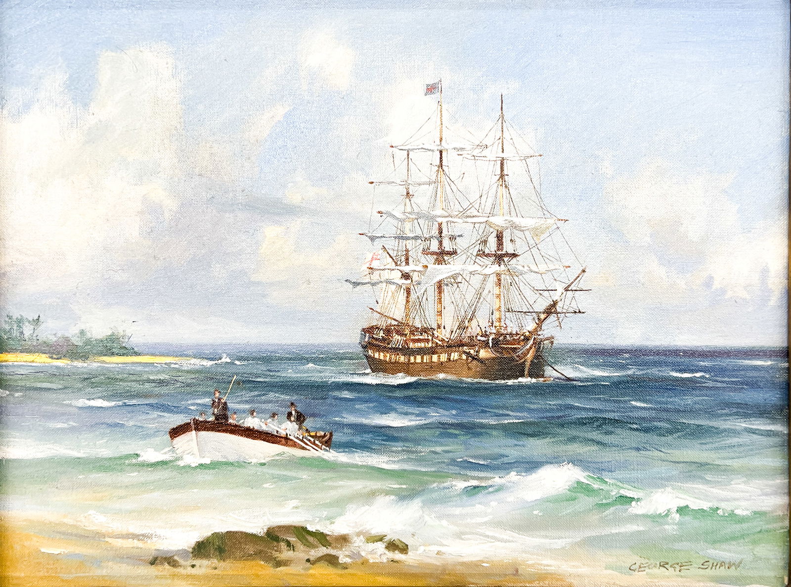 George Shaw "Rowing In" Oil on Canvas: George Shaw (b. 1966 British) "Rowing In" Oil on Canvas 11.5"x15.5" Image 15.5"x19.5" Framed. Signed lower right. Excellent condition, not examined outside of framing.