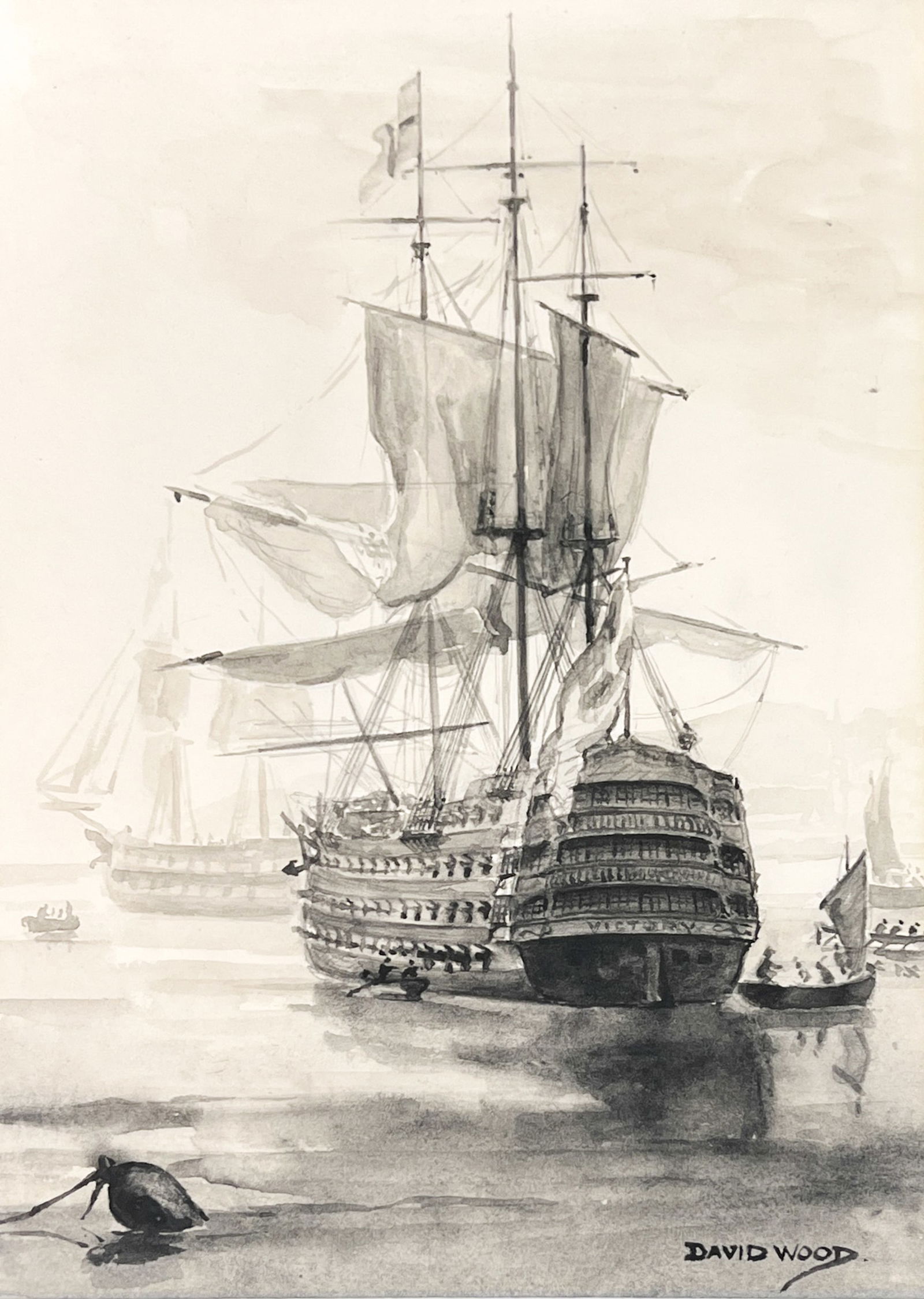 David Wood "Man of War" Watercolor on Paper: David Wood (1933-1996 Scottish) "Man of War" Watercolor on Paper 9.5"x6.5" Image 16"x13" Framed. Signed lower right. Excellent condition, not examined outside of framing.