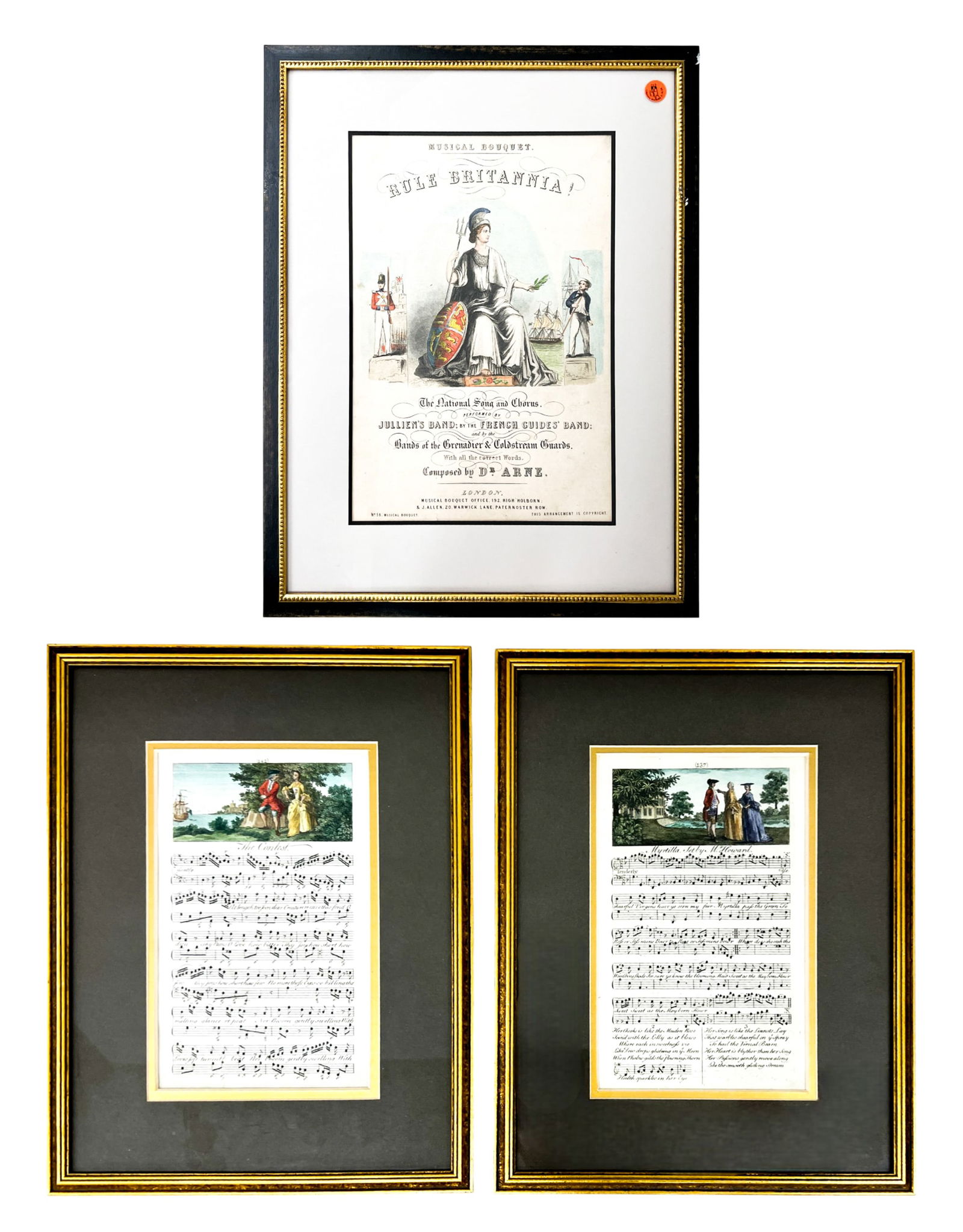 3pc "The Contest," "Myrtrilla" & "Rule Britannia" Sheet Music Hand Colored Etchings (1 of 1)