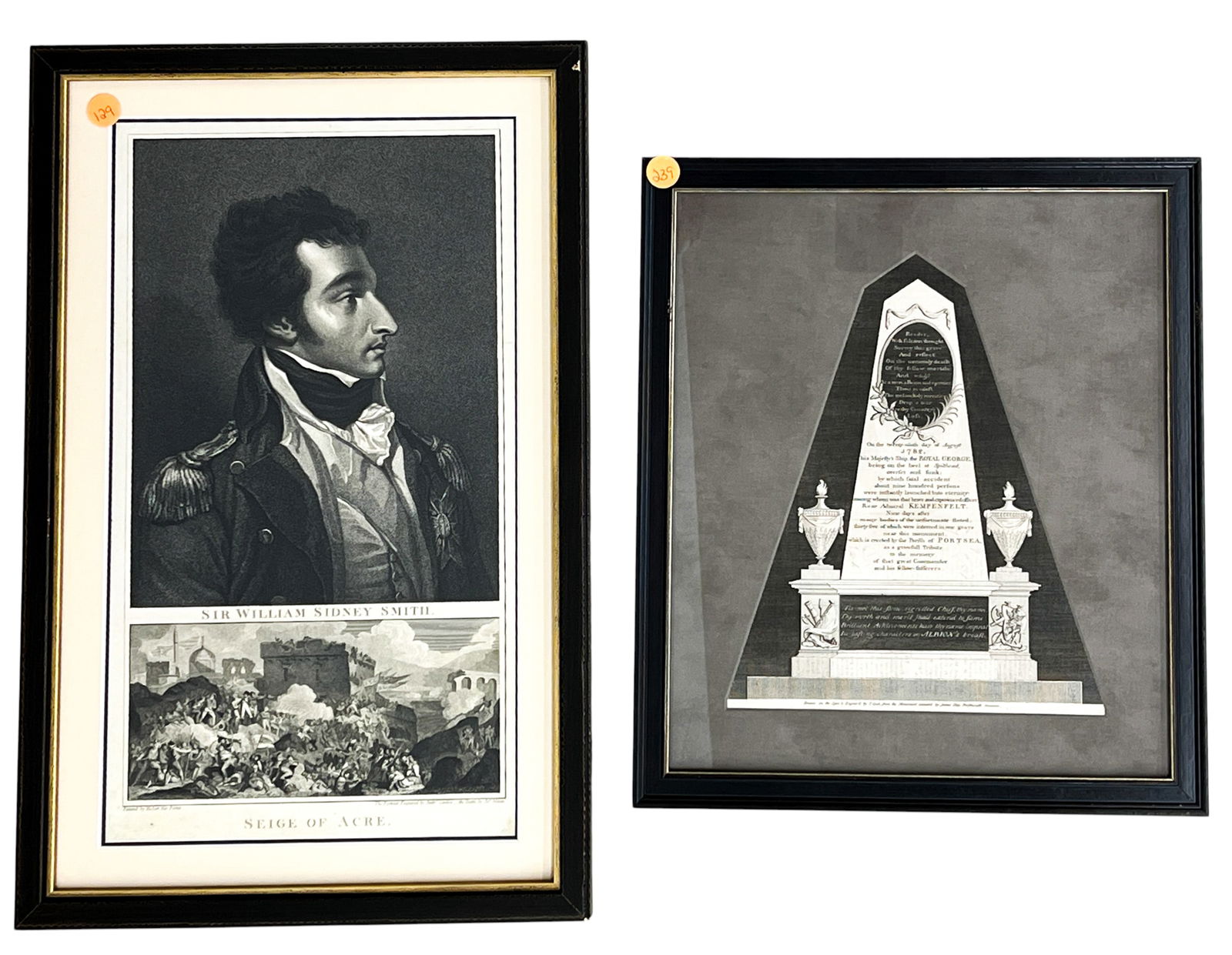 2pc Admiral Nelson Memorial & Sir William Sidney Smith Etchings: 2pc Admiral Nelson Memorial & Sir William Sidney Smith Etchings 19.5"x13" Largest Framed