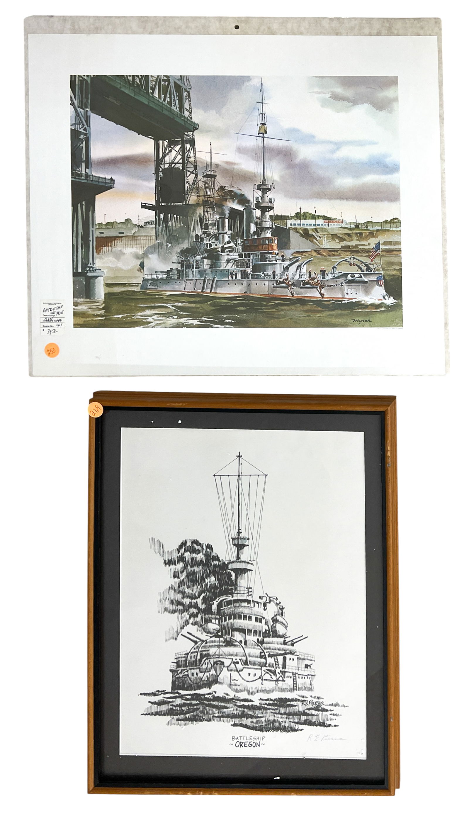 2pc USS Oregon Prints: 2pc USS Oregon Prints 17"x21" Largest Framed