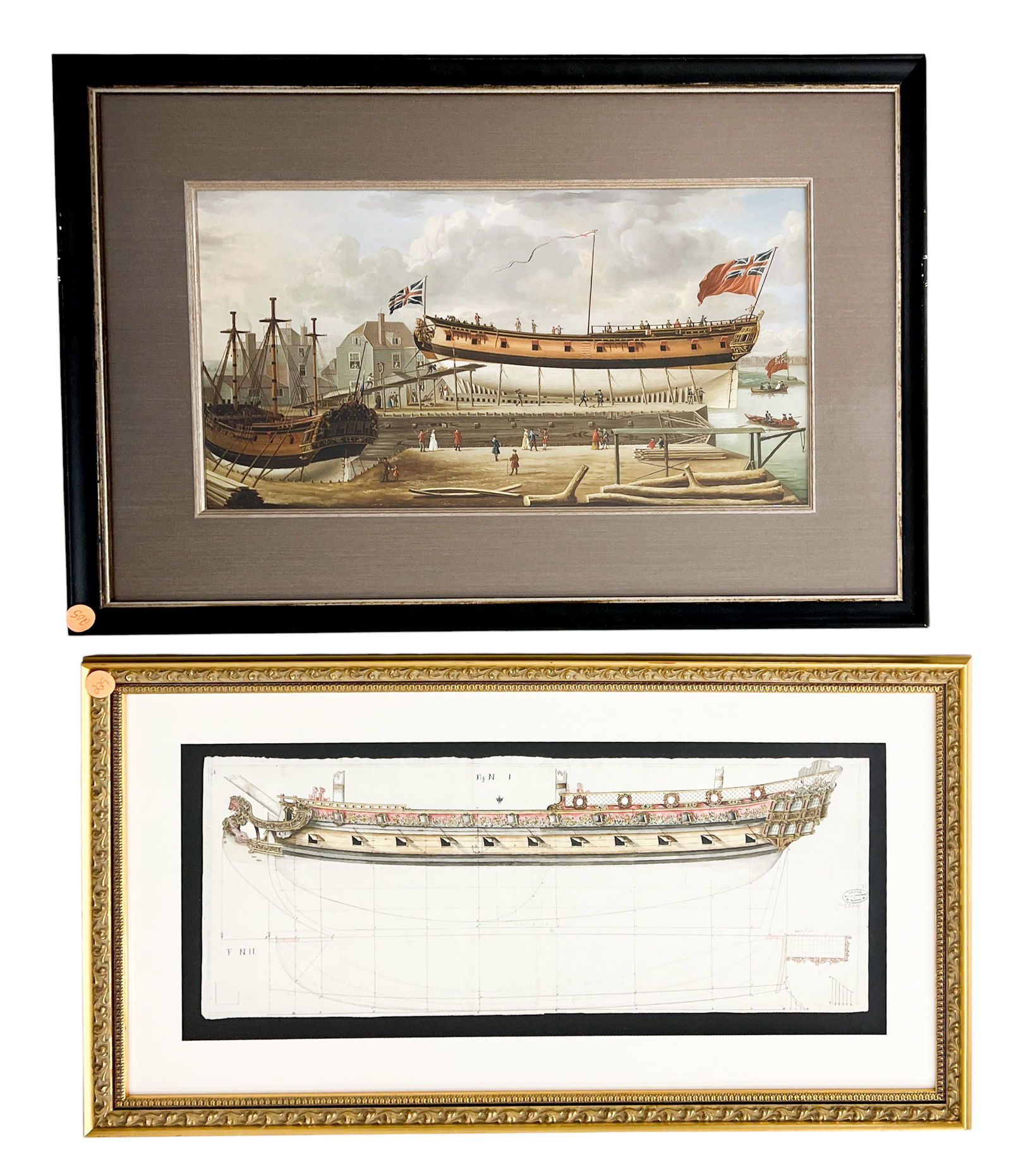 2pc Royal Navy Ship Etching & Print: 2pc Royal Navy Ship Etching & Print 16"x25" Largest Framed
