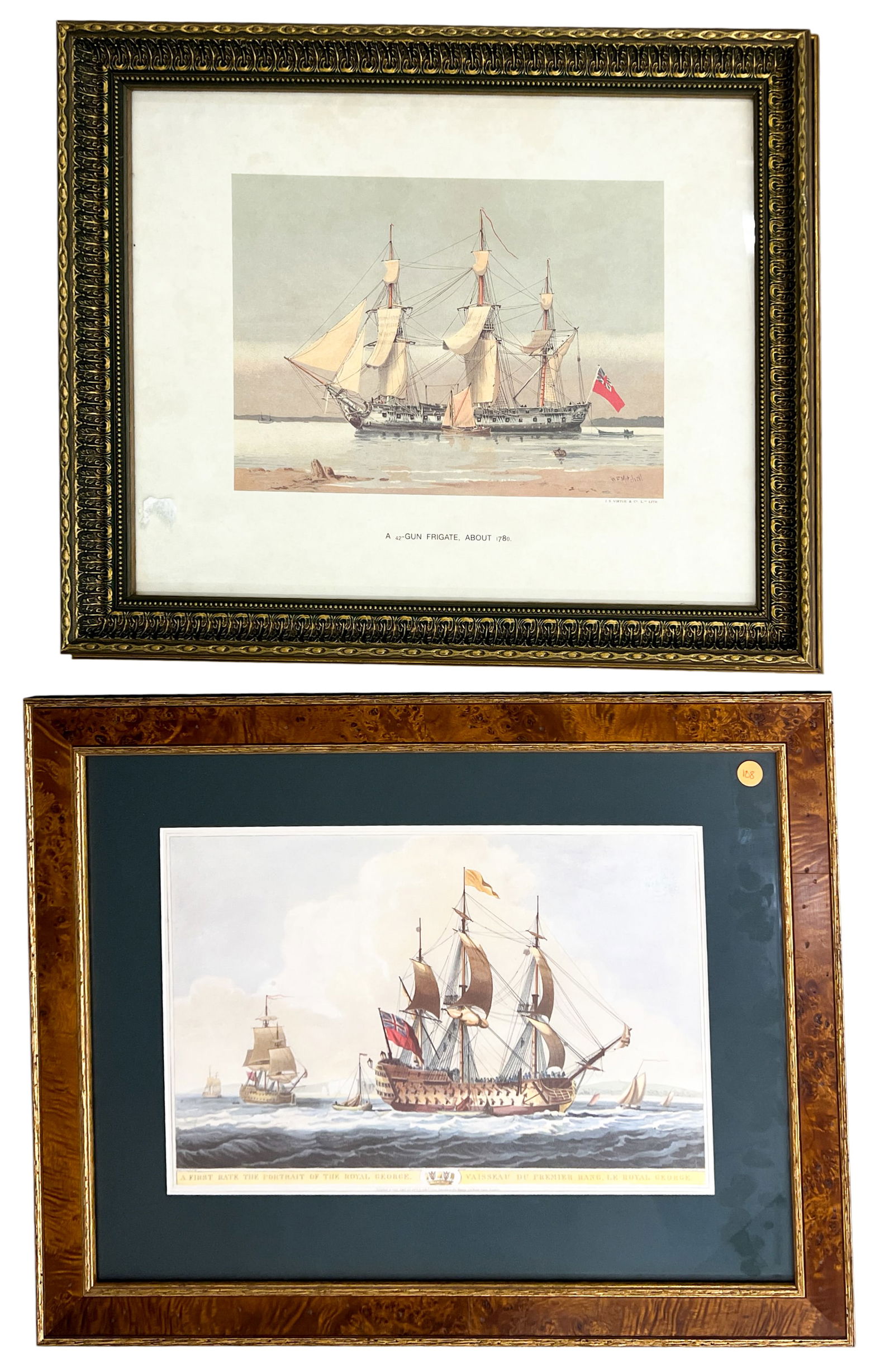 2pc Antique Royal George & 42 Guns Colored Etchings: 2pc Antique Royal George & 42 Guns Colored Etchings 19"x24.5" Largest Framed