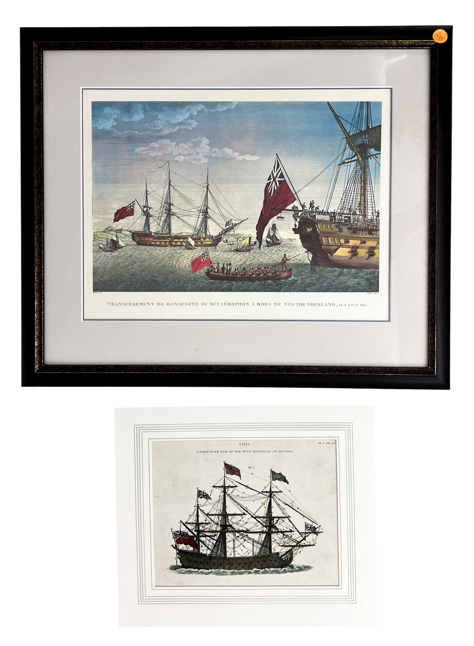 2pc Antique British Royal Navy Hand Colored Etchings (1 of 1)