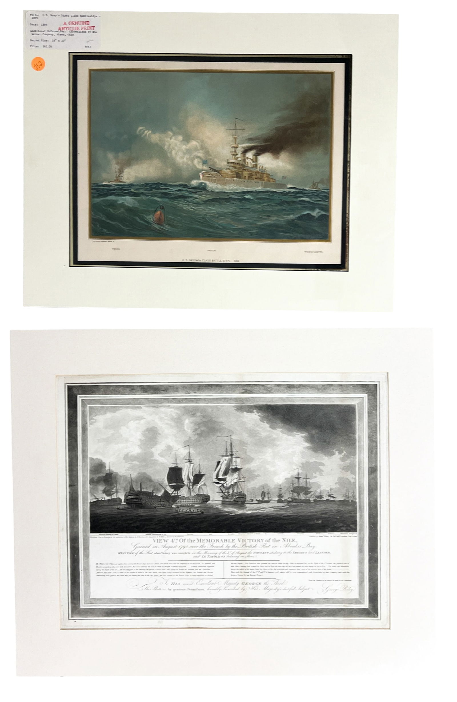 2pc Antique USS Oregon Lithograph & HMS Victory Etching (1 of 1)