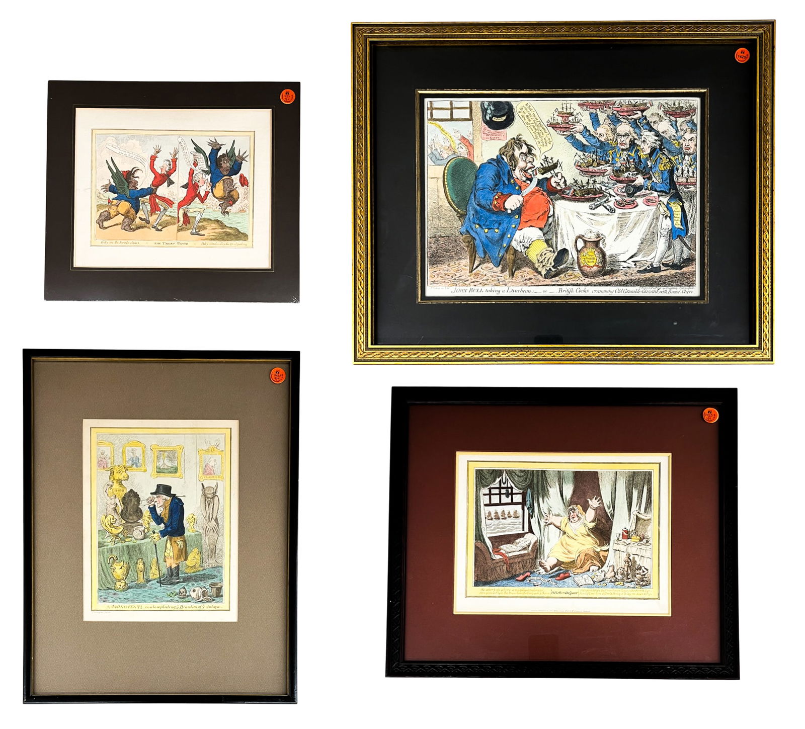 4pc Antique British Caricatures: 4pc Antique British Caricatures 17.5"x21" Largest Framed