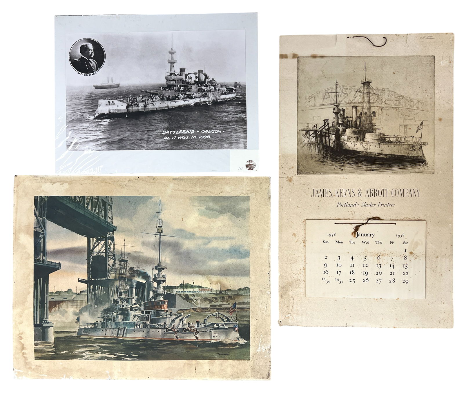 3pc USS Oregon 1938 Calendar etc.: 3pc USS Oregon 1938 Calendar etc. 16"x20" Largest Sheet. Foxing throughout,