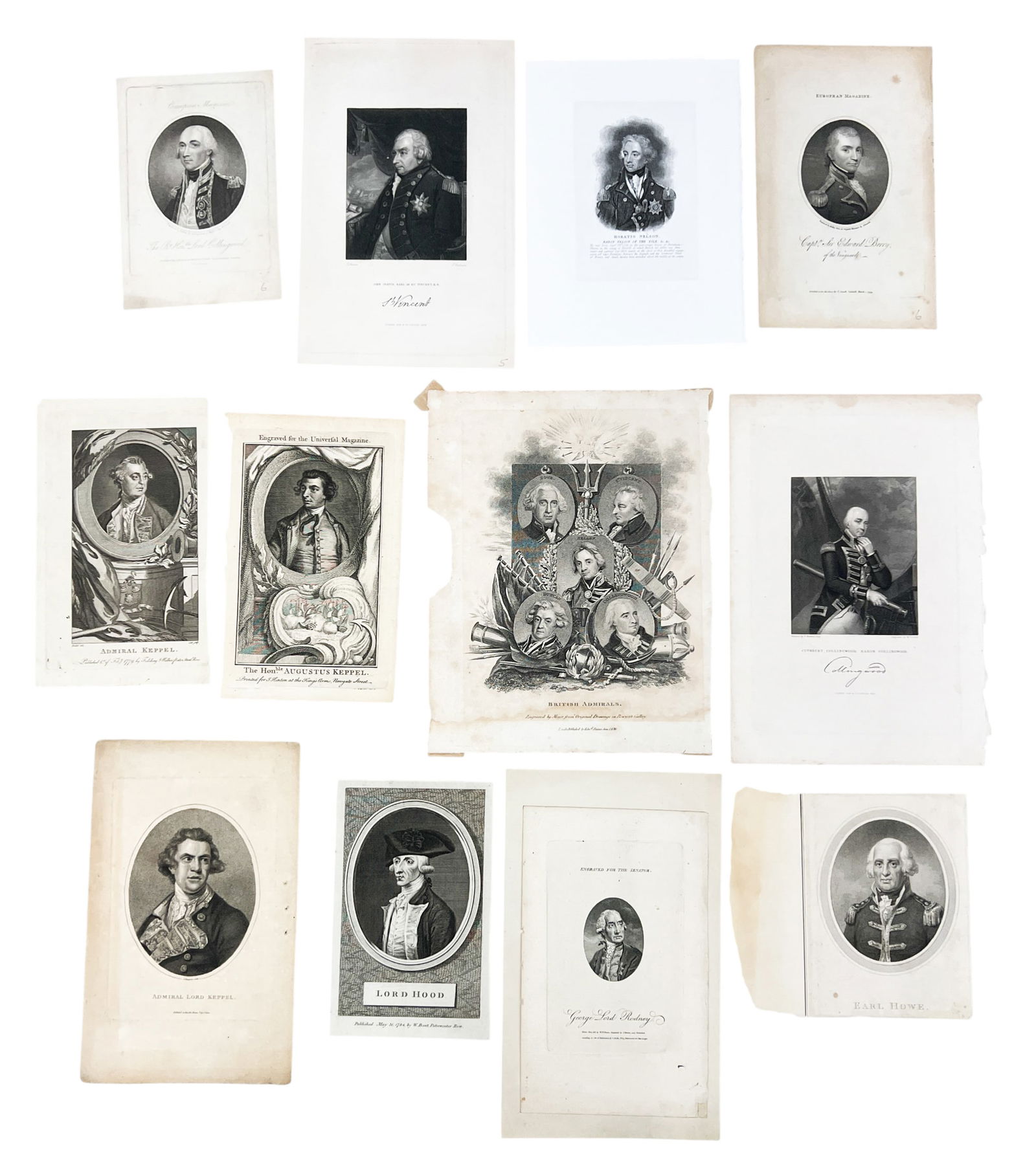 12pc Antique British Royal Navy Officers Etchings etc.: 12pc Antique British Royal Navy Officers Etchings etc. 8"x10" Largest Sheet. Loose, unframed. Condition varies.