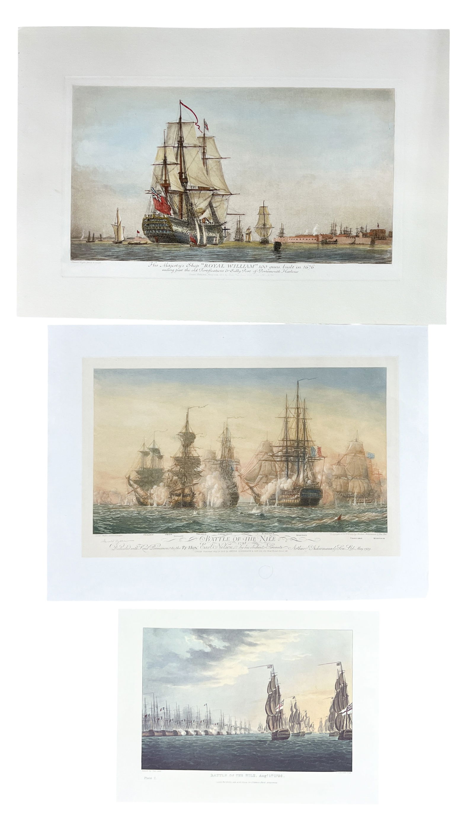 3pc Naval Colored Etchings: 3pc Naval Colored Etchings 15"x21.5" Largest Sheet. Loose, unframed. Condition varies.