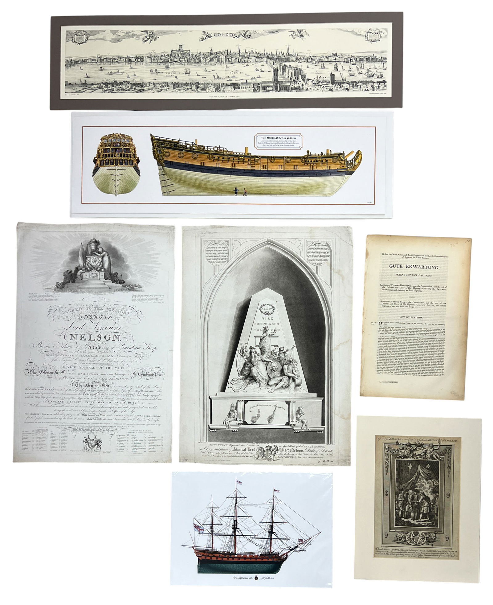 7pc Admiral Nelson Memorial Etchings etc.: 7pc Admiral Nelson Memorial Etchings etc. 24.5"x17.5" Largest Sheet. Loose, unframed. Condition varies.