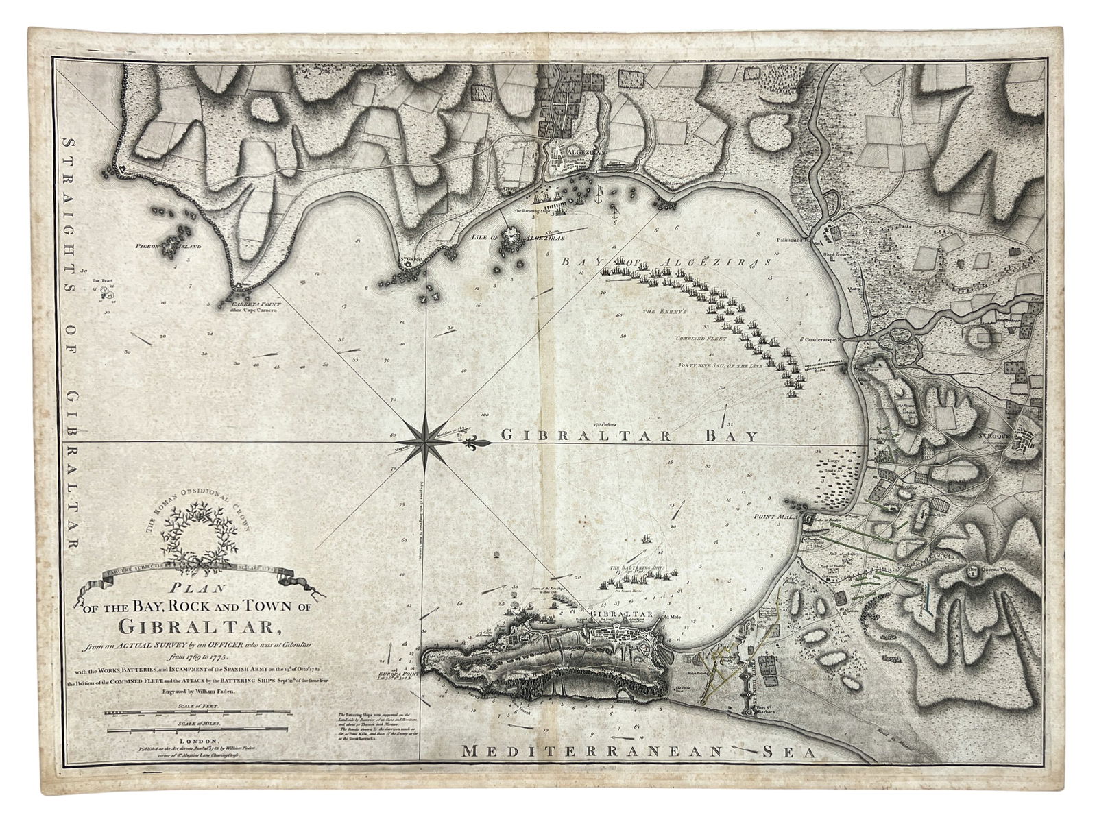 Antique "Plan of the Bay, Rock and Town of Gibraltar" 1783 Map Etching: Antique "Plan of the Bay, Rock and Town of Gibraltar" 1783 Map Etching 21.5"x29" Sheet. Loose, unframed. Foxing throughout, repair to center.