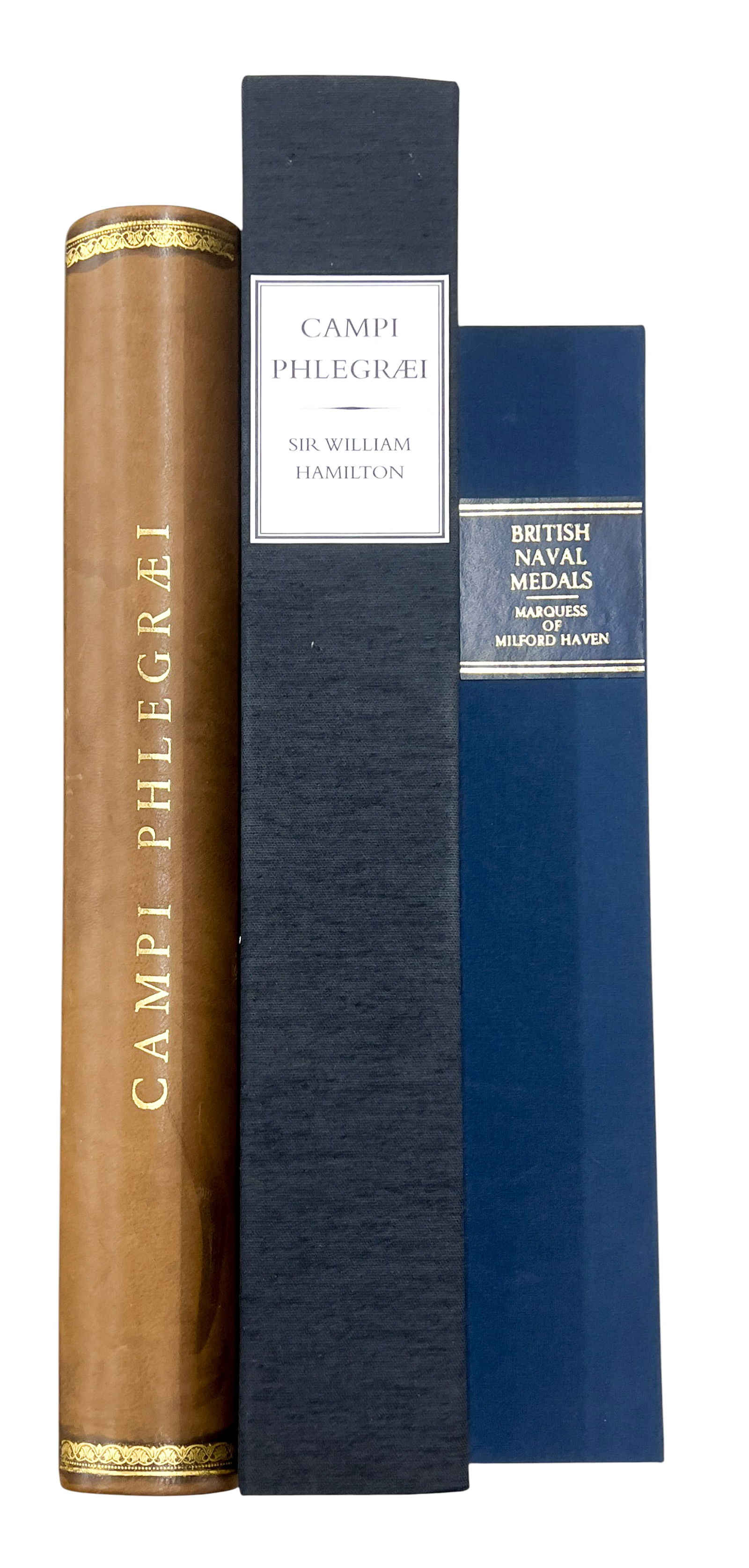 3pc Antique British Military Books: 3pc Antique British Military Books 19"x14.5"x3" Largest. Includes "British Naval Medals" by Admiral The Marquess of Milford Haven & 2 copies of "Campi Phlegraei" by Sir William Hamilton. All rebound,