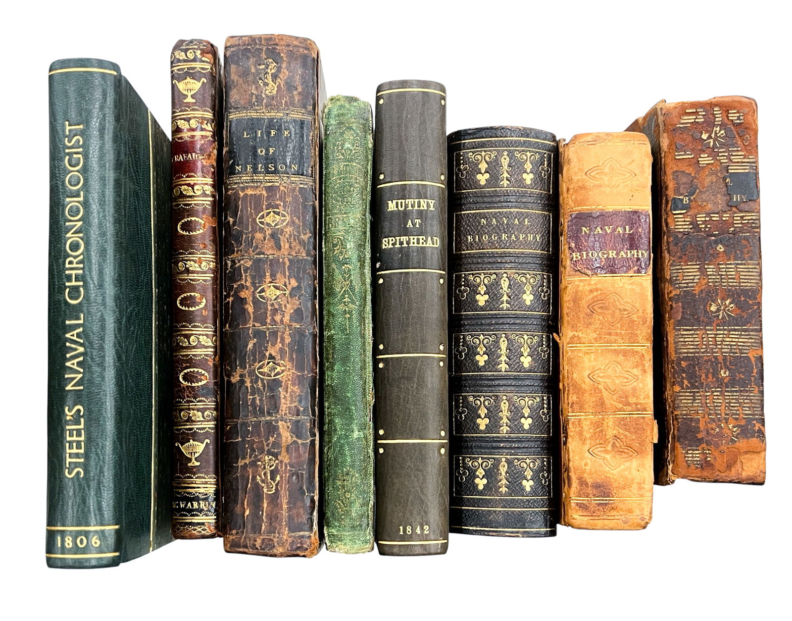 8pc Antique British Royal Navy Books: 8pc Antique British Royal Navy Books 7"x4"x1.5" Largest. Includes "Steel's Naval Chronologist of the Late War" by David Steel, "The Battle of Trafalgar, A Heroic Poem" by Rev. William Hamilton Drummon