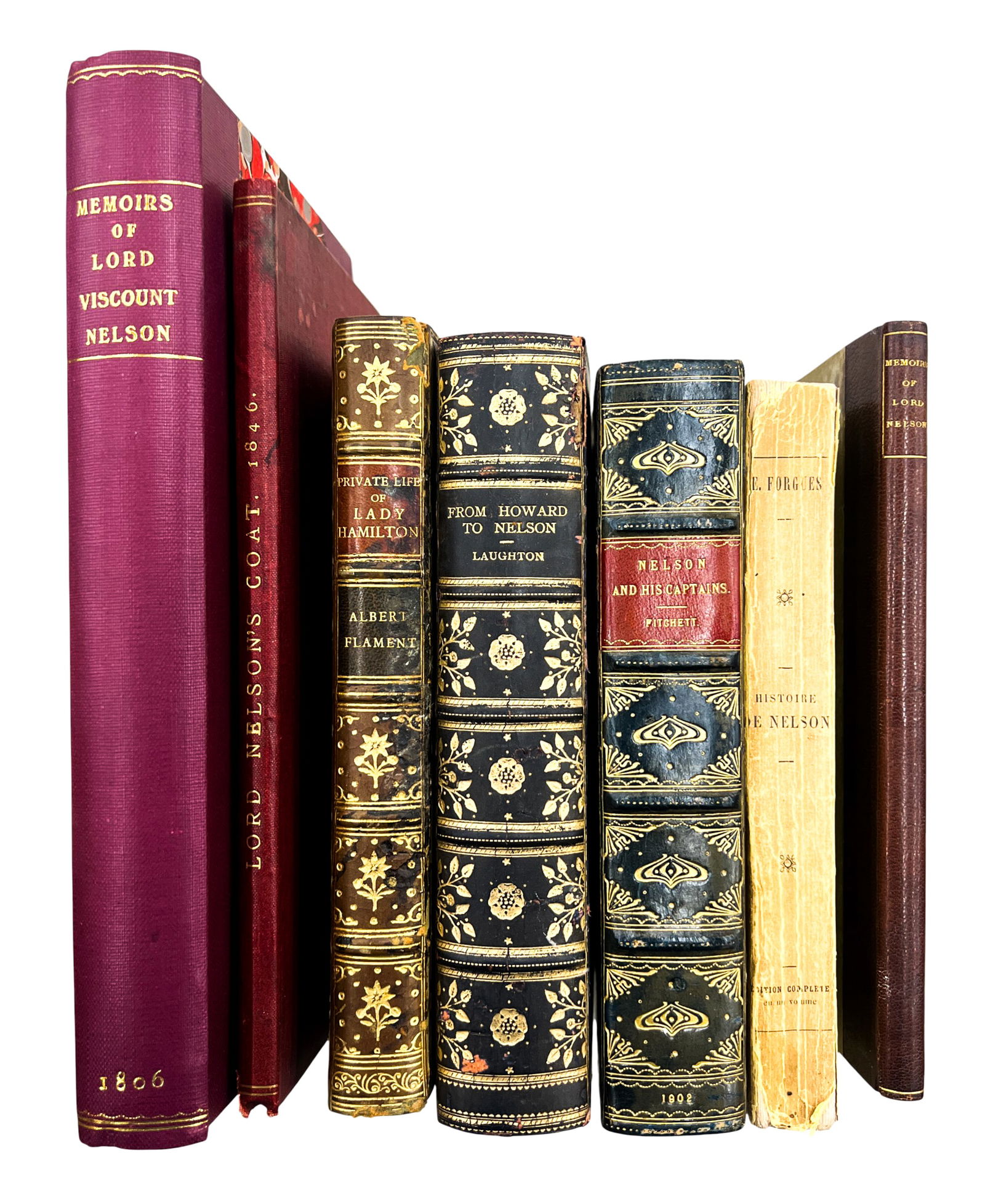 7pc Antique Admiral Nelson & Lady Hamilton Books: 7pc Antique Admiral Nelson & Lady Hamilton Books 9.5"x6"x1.5" Largest. Includes "Statement of T. A. Evans Regarding the Discovery of Lord Nelson's Coat" by T.A. Evans, "Memoirs of the Life and Gallant