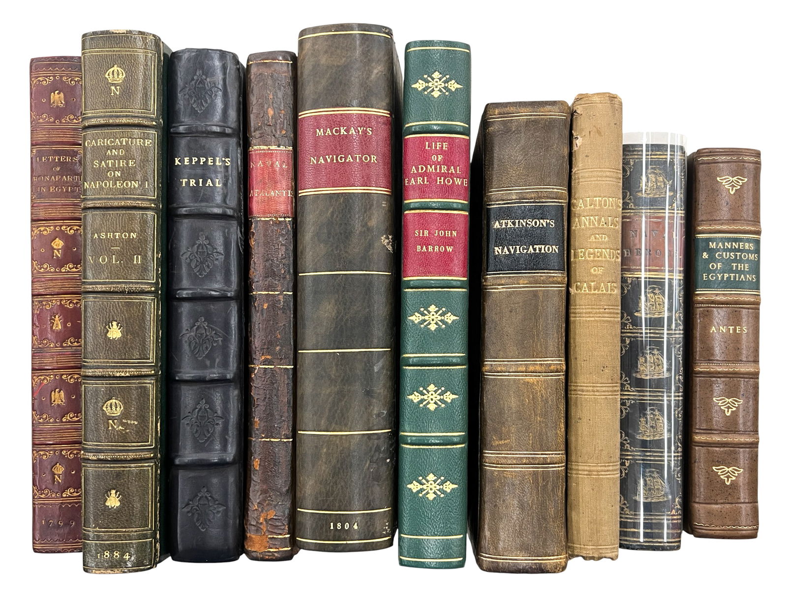 10pc Antique British Military Books: 10pc Antique British Military Books 9"x5.5"x2" Largest. Includes "Manners & Customs of the Egyptians" by John Antes Esq., "Caricature & Satire of Napoleon the First" by John Ashton, "Letters of Bonapa
