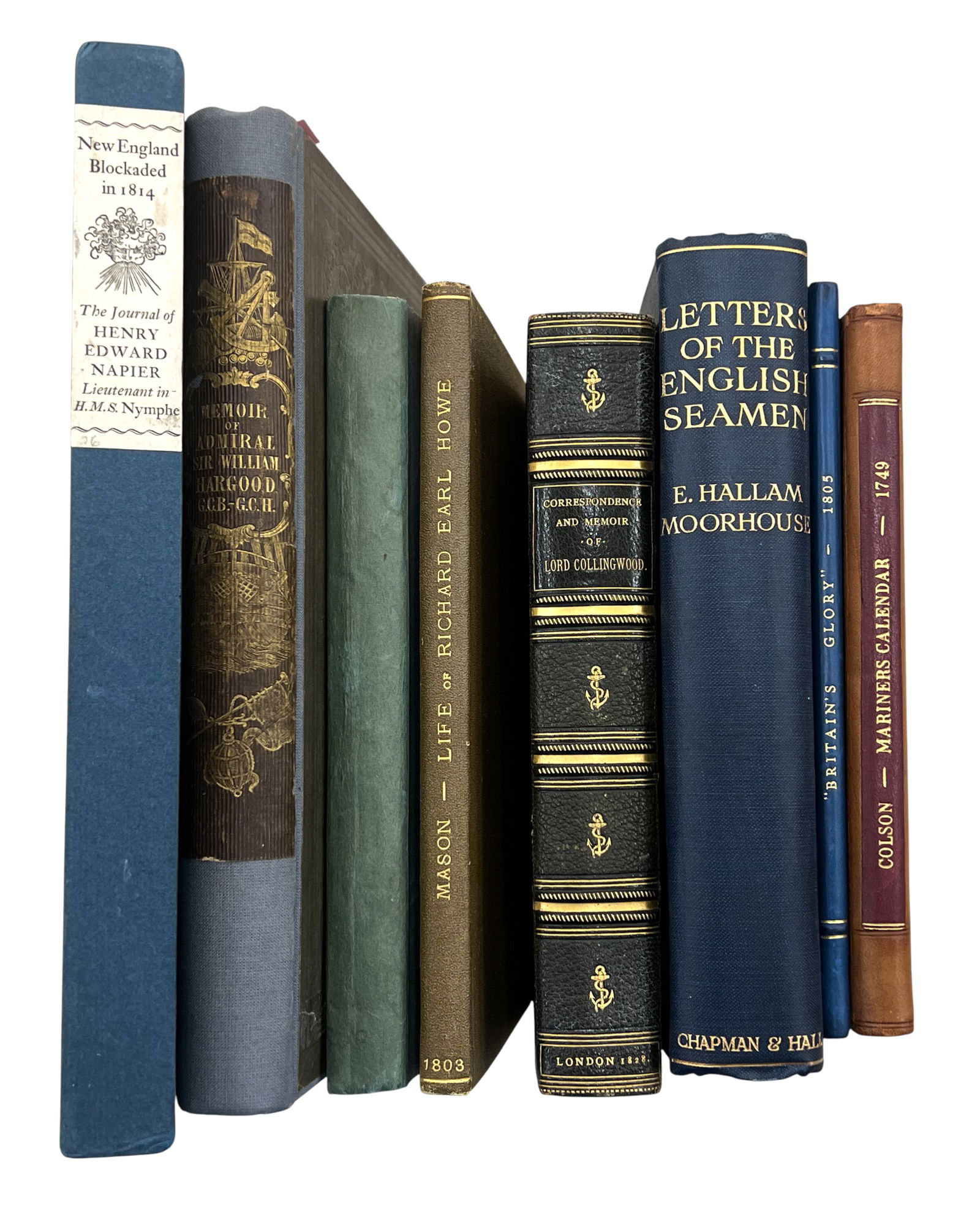 8pc Antique British Naval Books: 8pc Antique British Naval Books 10.5"x7"x1.25" Largest. Includes "Correspondance & Memoir of Lord Collingwood" by G.L. Newnham Collingwood, "The Journal of Henry Edward Napier" by Henry Edward Napier,