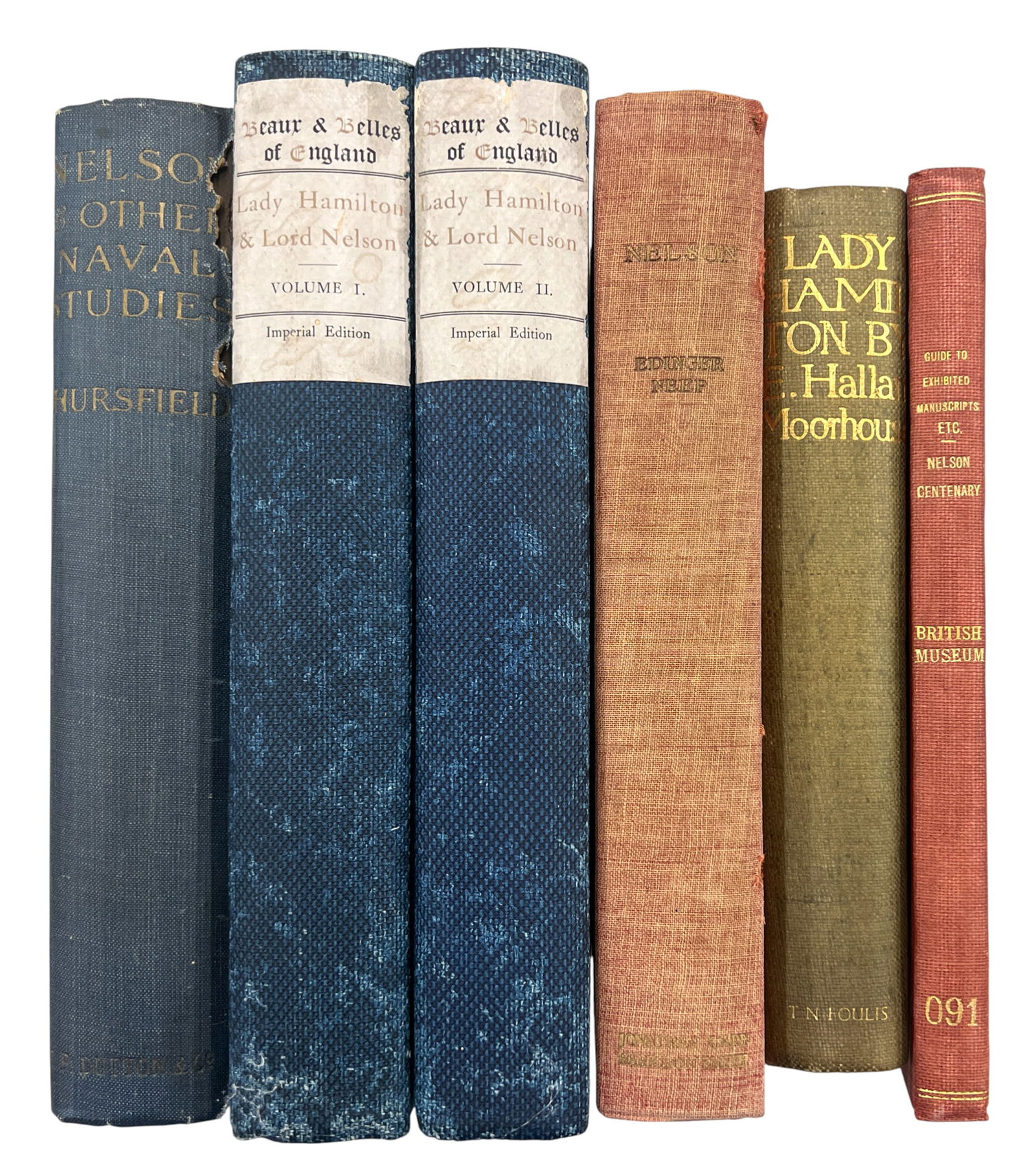 6pc Antique Admiral Nelson & Lady Hamilton Books: 6pc Antique Admiral Nelson & Lady Hamilton Books 9"x7"x1.5" Largest. Includes "Lady Hamilton" by E. Hallam Moorhouse, "Guide to Exhibited Manuscripts etc. of the Nelson Centenary", "Nelson & Other Nav