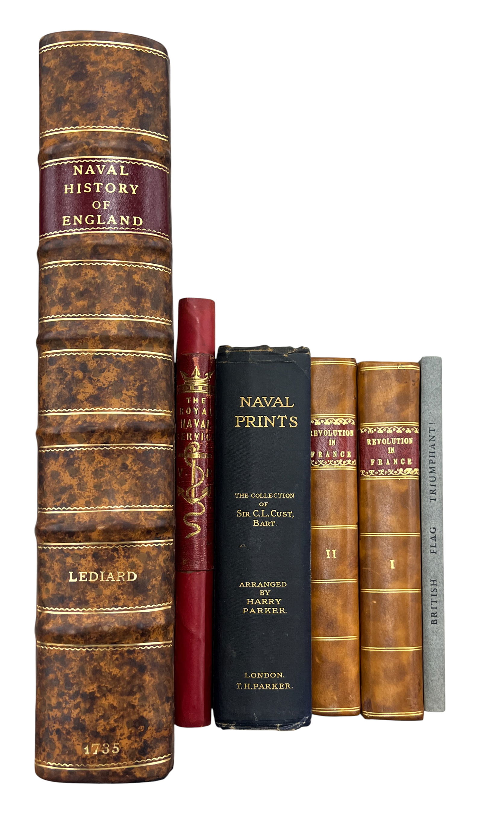 6pc Antique British Naval & Military Books: 6pc Antique British Naval & Military Books 14"x9.5"x3" Largest. Includes "The British Flag Triumphant!", "The Royal Naval Service of England" by E. Miles, "Revolution in France" 2 Volumes, "Naval Prin