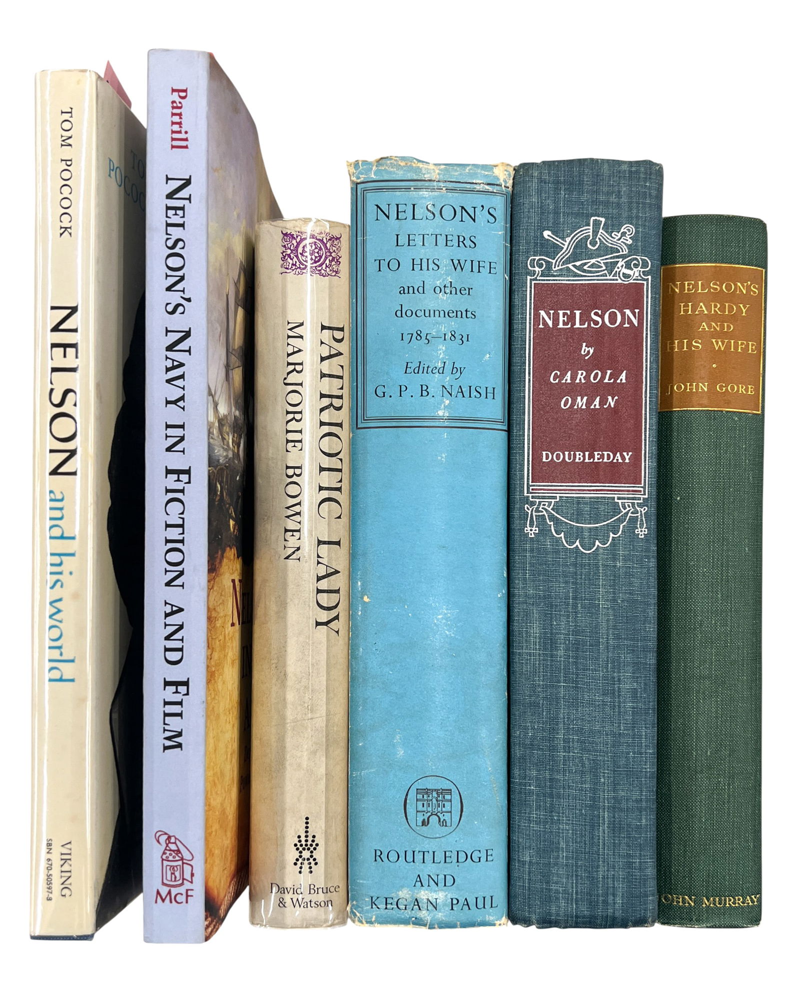6pc Admiral Nelson & Lady Hamilton Books: 6pc Admiral Nelson & Lady Hamilton Books 10"x7"x1" Largest. Includes "Nelson & His World" by Tom Pocock, "Nelson's Navy in Fiction & Film" by Sue Parrill, "Patriotic Lady" by Marjorie Bowen, "Nelson's