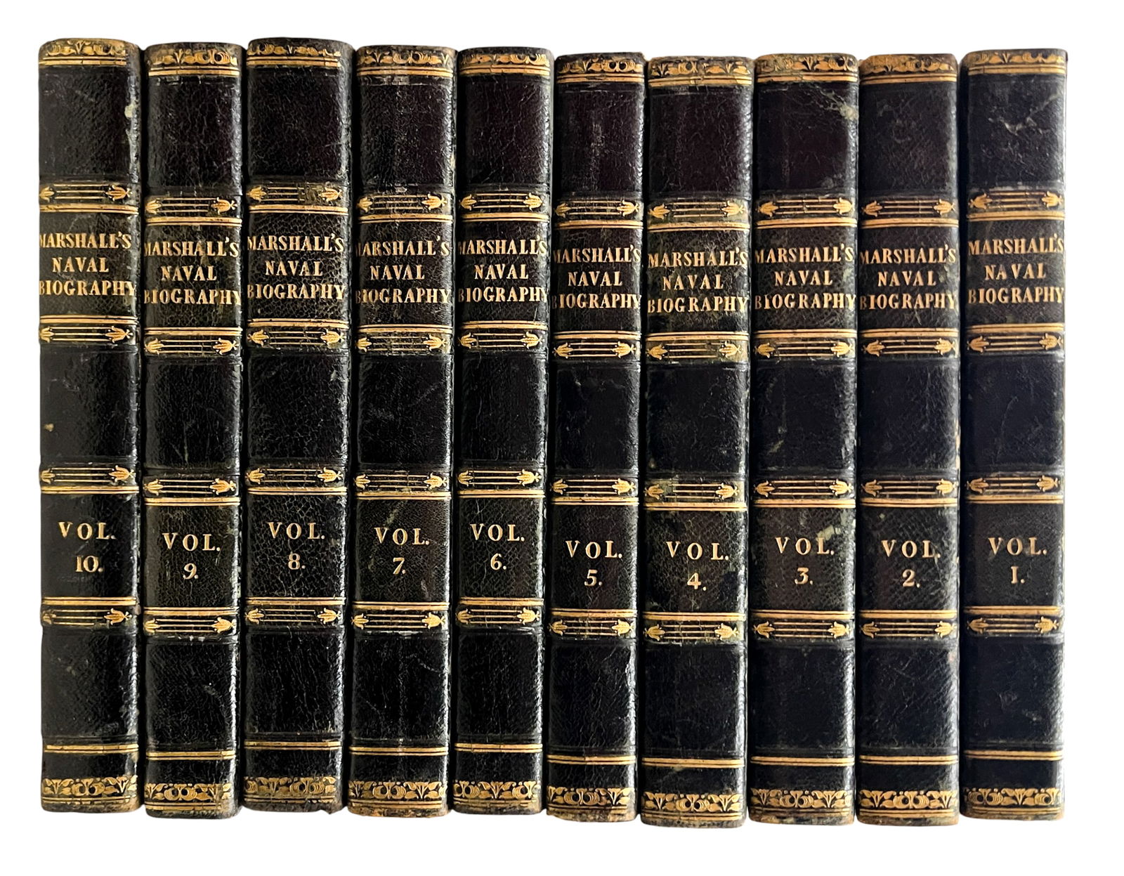 10pc Antique "Royal Naval Biography" by John Marshall Incomplete Volume Set: 10pc Antique "Royal Naval Biography" by John Marshall Incomplete Volume Set 8.5"x5.5"x1" Each. Includes Volumes I-X.