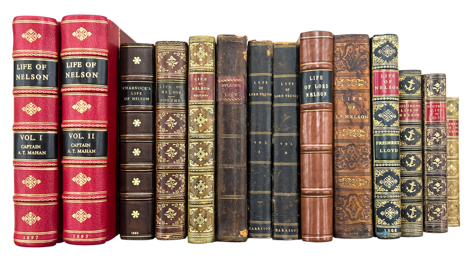 15pc Antique Admiral Nelson Books: 14pc Antique Admiral Nelson Books 9"x6.5"x2" Largest. Includes 2 Copies of "Life of Nelson" by John Charnock, "Life of Nelson" 2 Volumes by Captain A.T. Mahan, 5 Copies of "Life of Nelson" by Robert