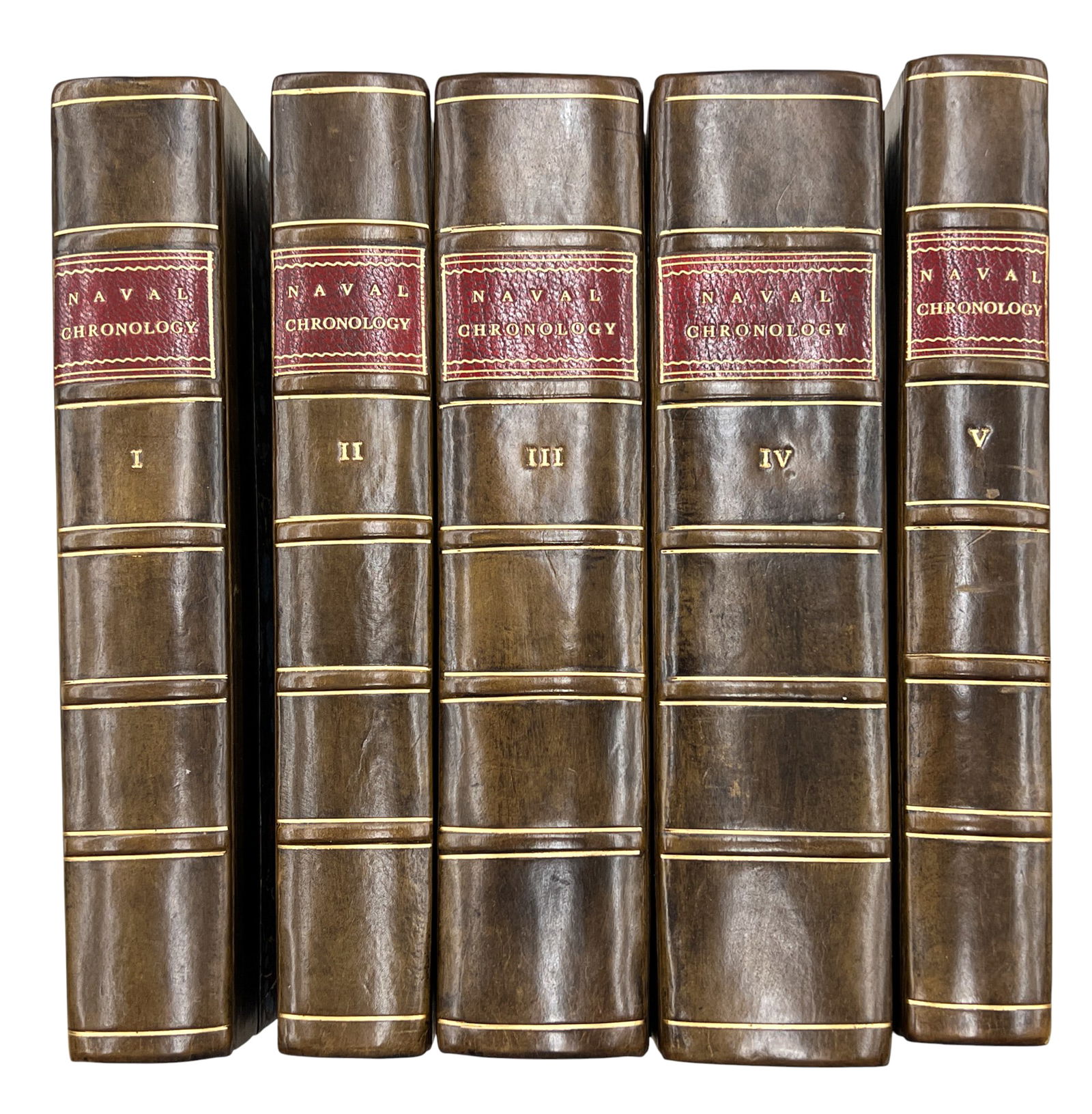 5pc Antique "Naval Chronology" by Isaac Schomberg Volume Set: 5pc Antique "Naval Chronology" by Isaac Schomberg Volume Set 9"x6"x2" Each. Includes Volumes I-V.