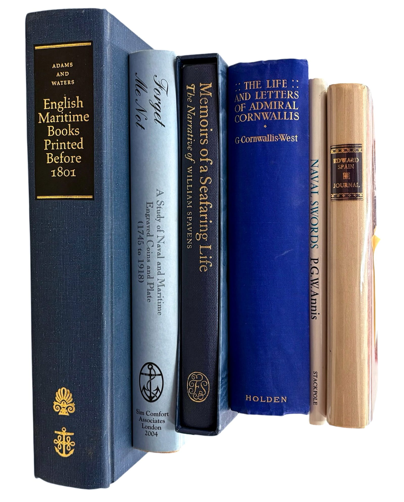 6pc British Naval Books: 6pc British Naval Books 11.25"x9"x2" Largest. Includes "The Journal of Edward Spain", "The Life and Letters of Admiral Cornwalis" by G. Cornwallis-West, "Naval Swords" by P.G.W. Annis, "Memories of Se