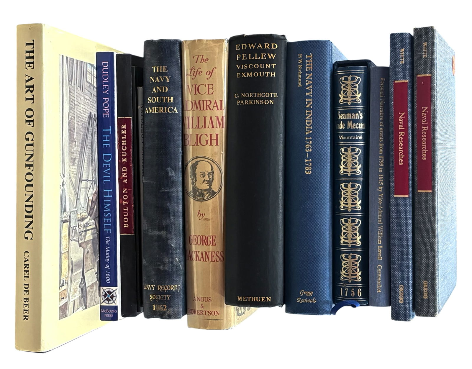 13pc British Maritime Books etc.: 13pc British Maritime Books etc. 9.5"x12"x1" Largest. Includes "Naval Researches" 2 Copies by Thomas White, "The Life of Vice-Admiral William Bligh" by George Mackaness, "Edward Pellew, Viscount