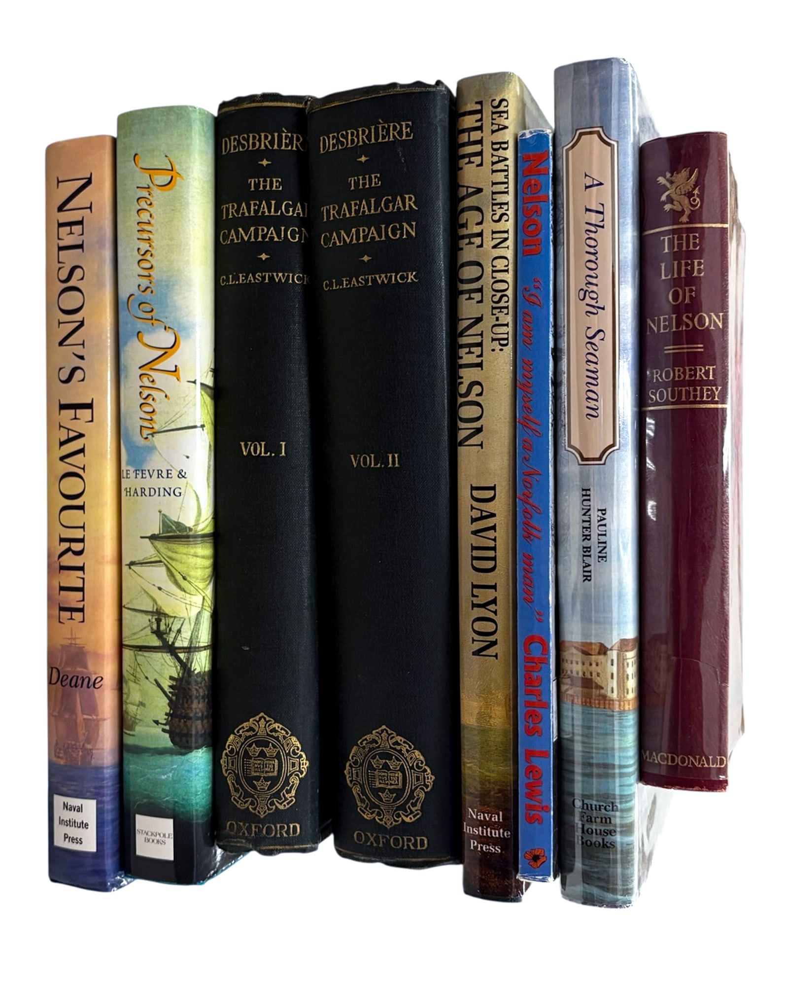 8pc Admiral Nelson Books: 8pc Admiral Nelson Books 9.5"x7"x1" Largest. Includes "The Life of Nelson" by Robert Southey, "The Trafalgar Campaign" 2 Volumes by Edouard Desbriere, "Sea Battles in Close-Up: The Age of Nelson" by
