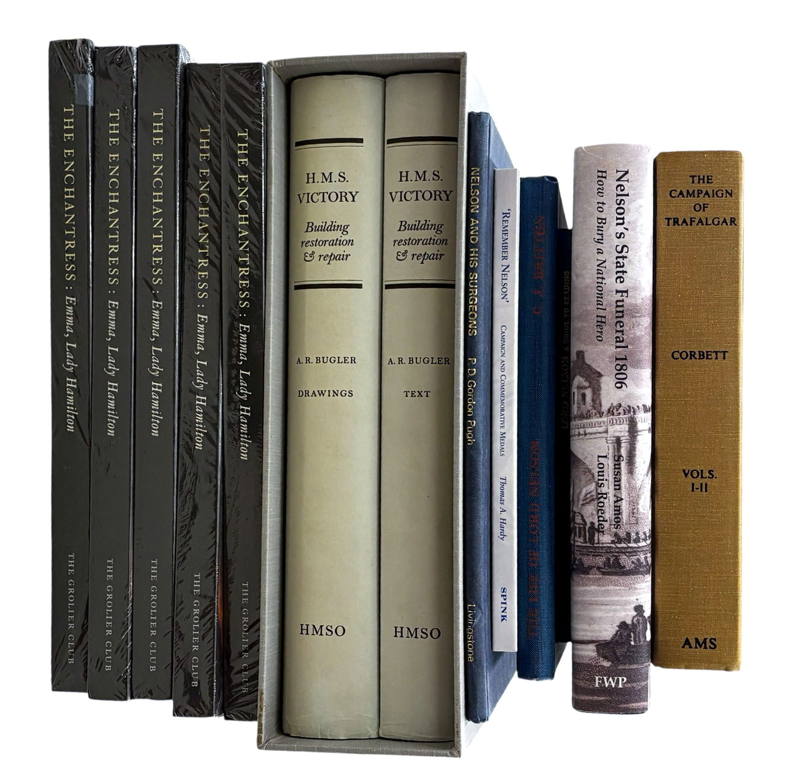 13pc Lady Hamilton & Admiral Nelson Books: 13pc Lady Hamilton & Admiral Nelson Books 11.5"x9.5"x1.5" Largest. Includes "The Campaign of Trafalgar Vols. I & II" by Julian S. Corbett, "Nelson's State Funeral 1806: How to Bury a National Hero"